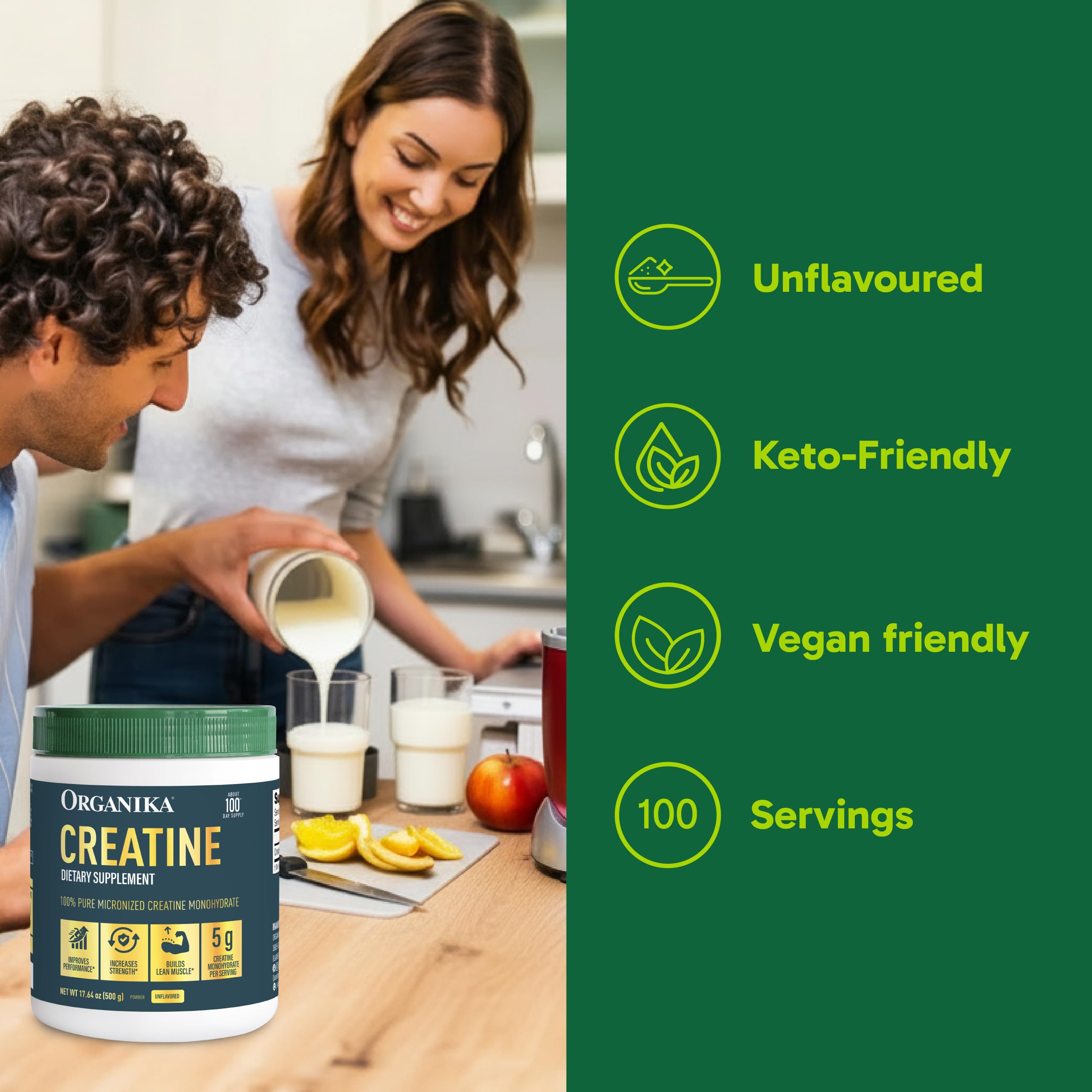 Organika creatine mezclado en batido, apoyo a entrenamiento y recuperación