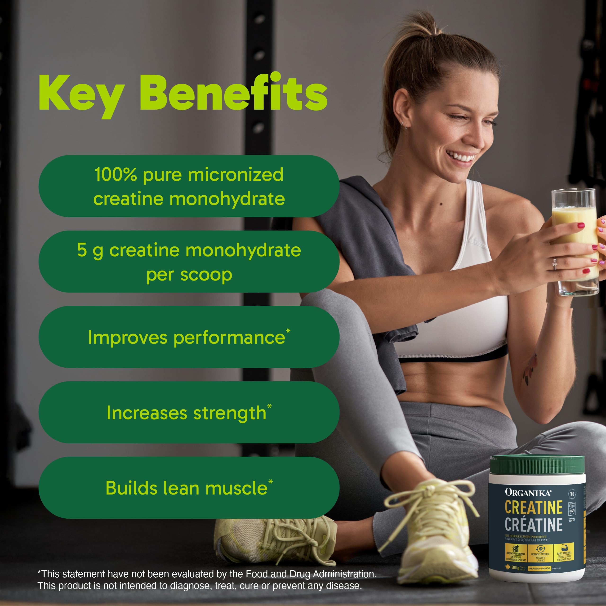 Organika creatine etiqueta con información nutricional y certificación GMP visible