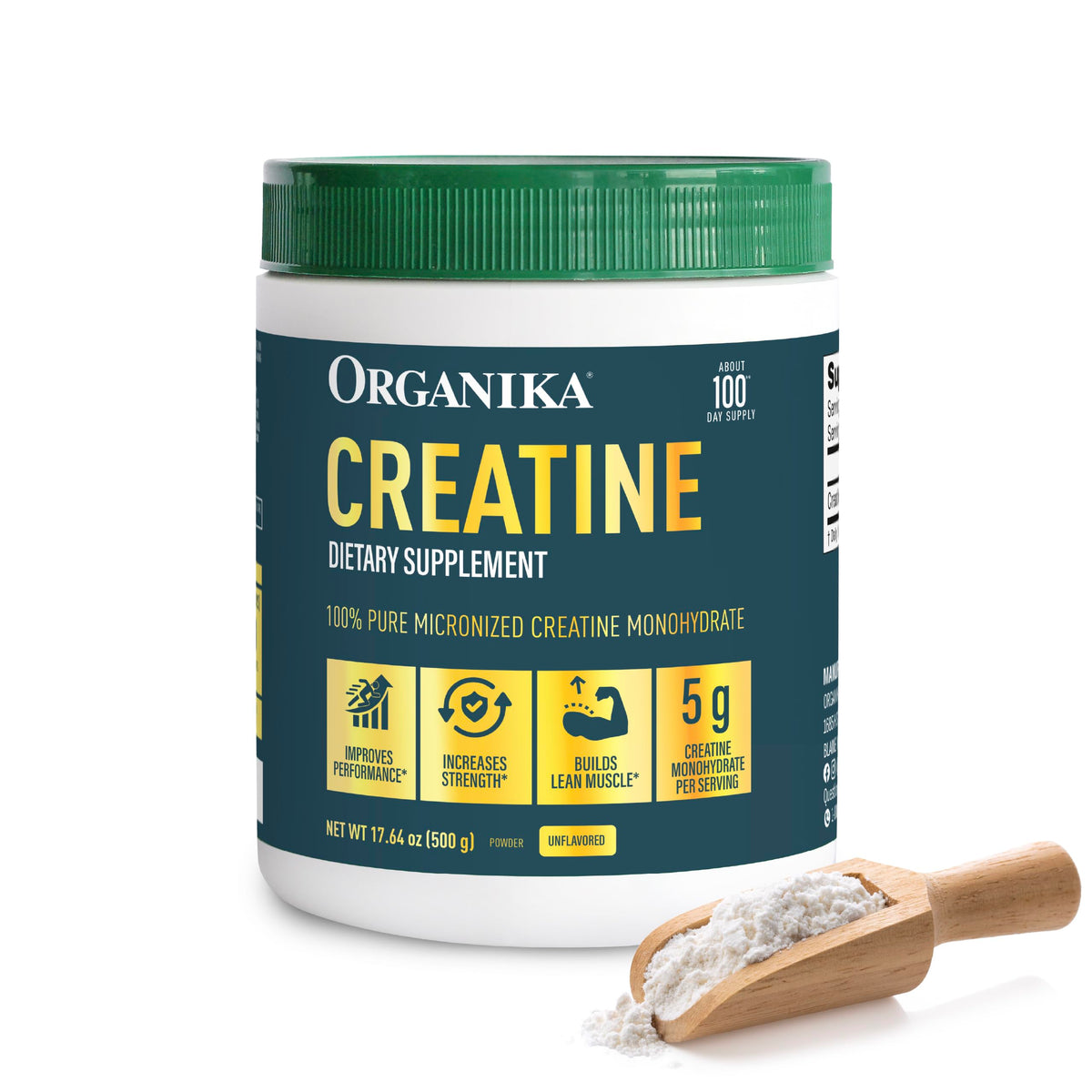 Organika creatine frente del envase mostrando 500 g y 100 servicios, calidad confiable