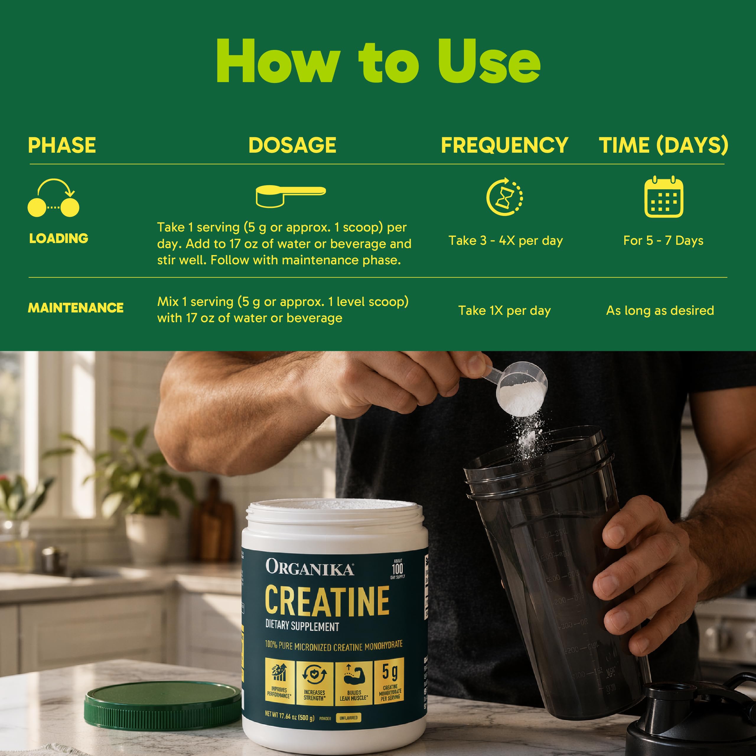 Organika creatine tamaño comparado con una botella de agua, volumen práctico para uso mensual