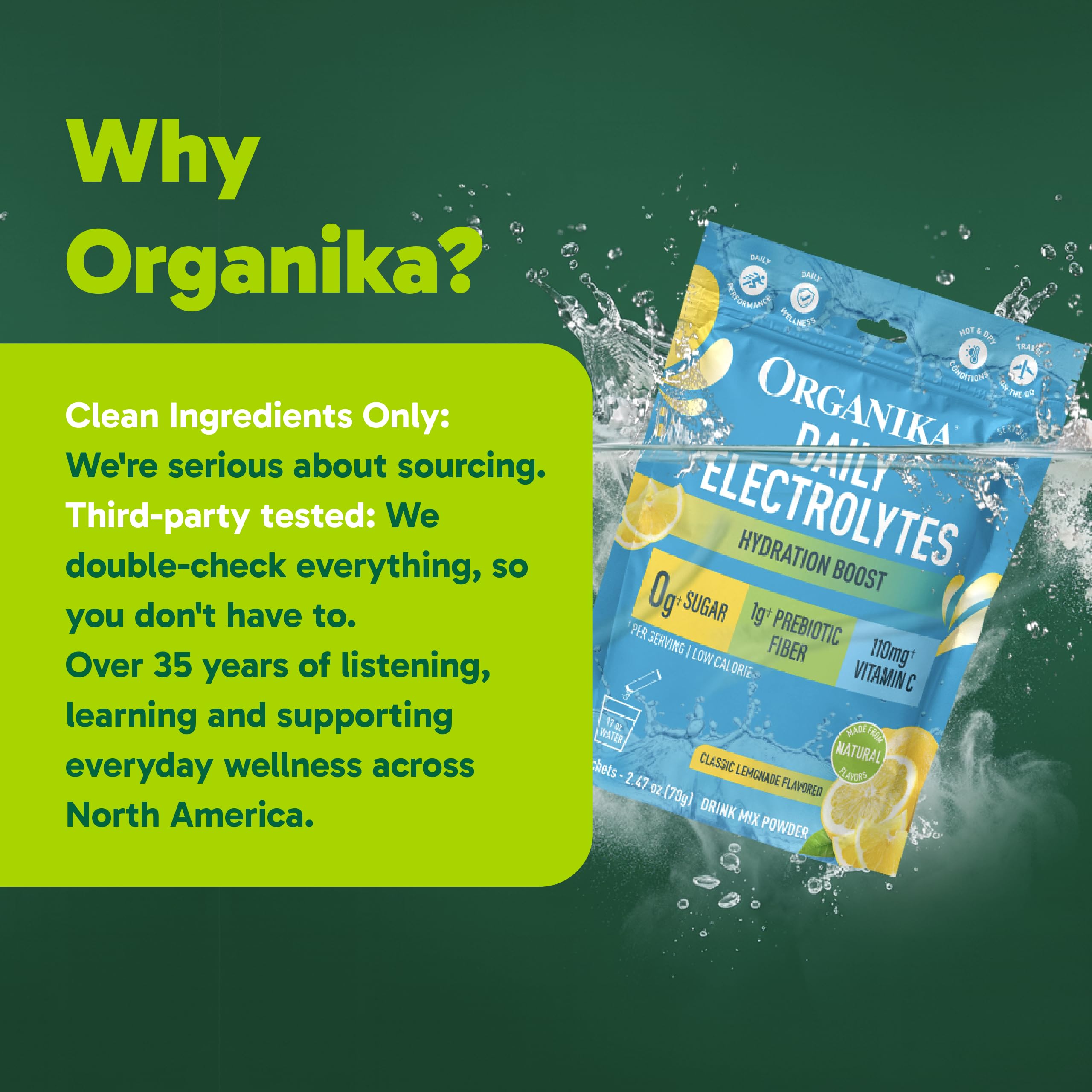 Organika sachet en mesa con frutas para contexto de estilo de vida saludable