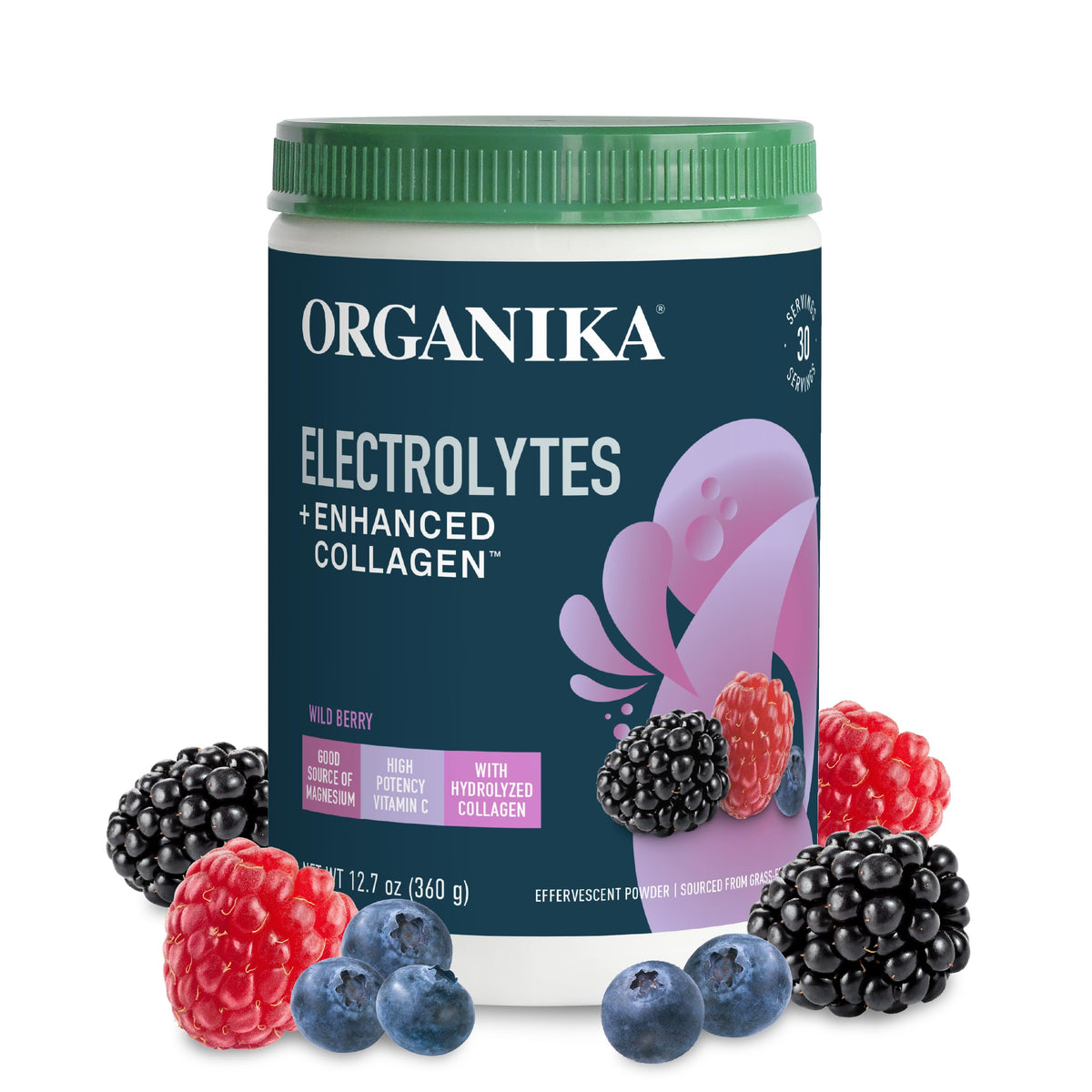 Organika envase frente sabor frutos del bosque mostrando etiqueta y beneficio de hidratación