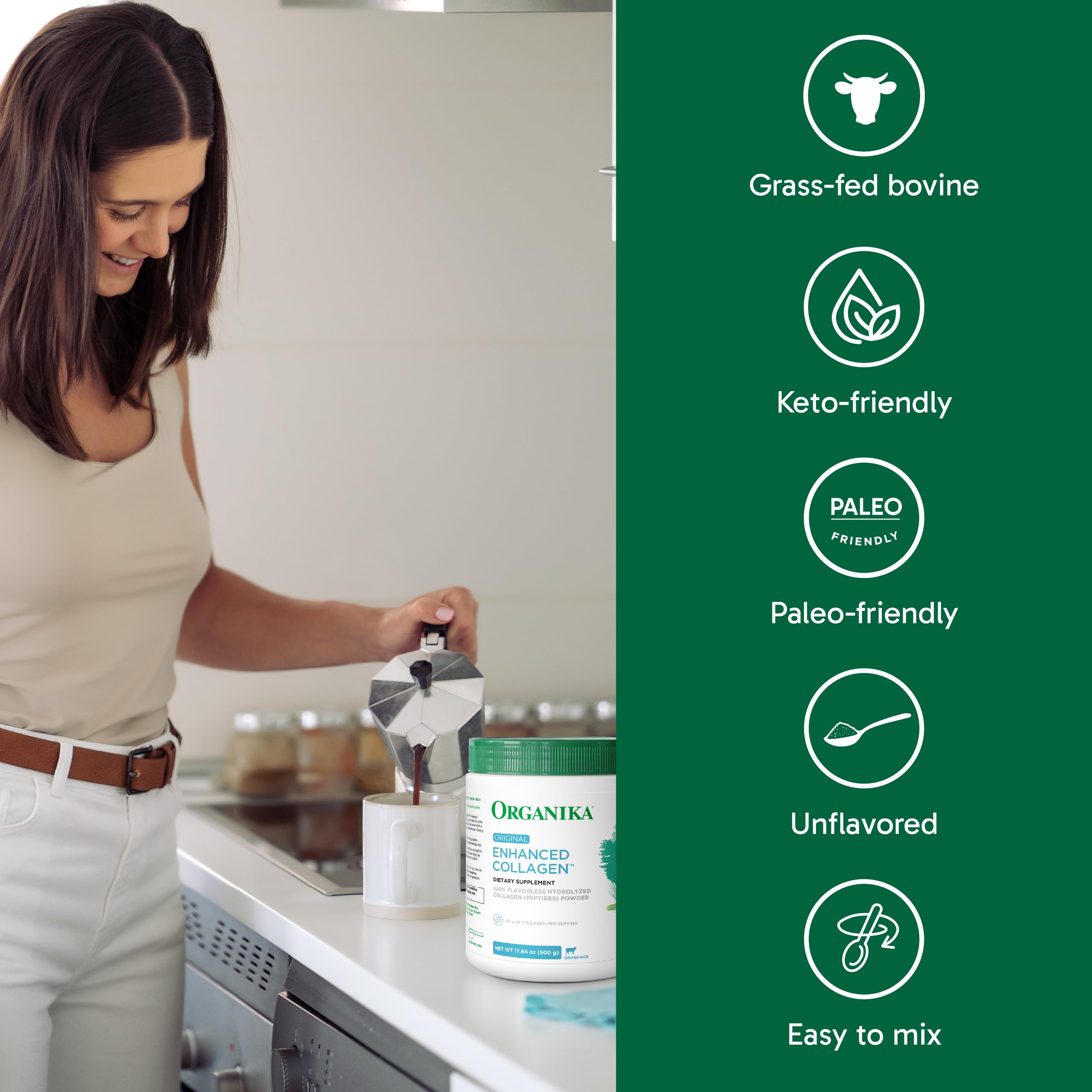 Organika en vaso batido matinal sin sabor que conserva perfil de la bebida
