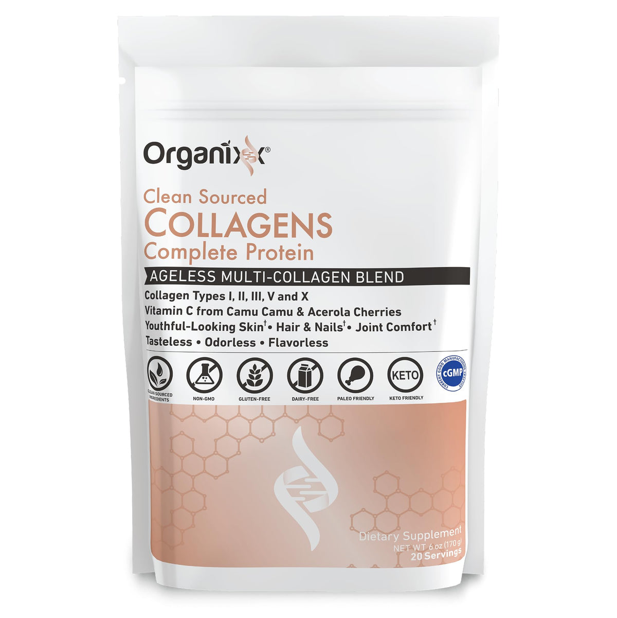 Organixx envase frontal mostrando el diseño y la cantidad del producto