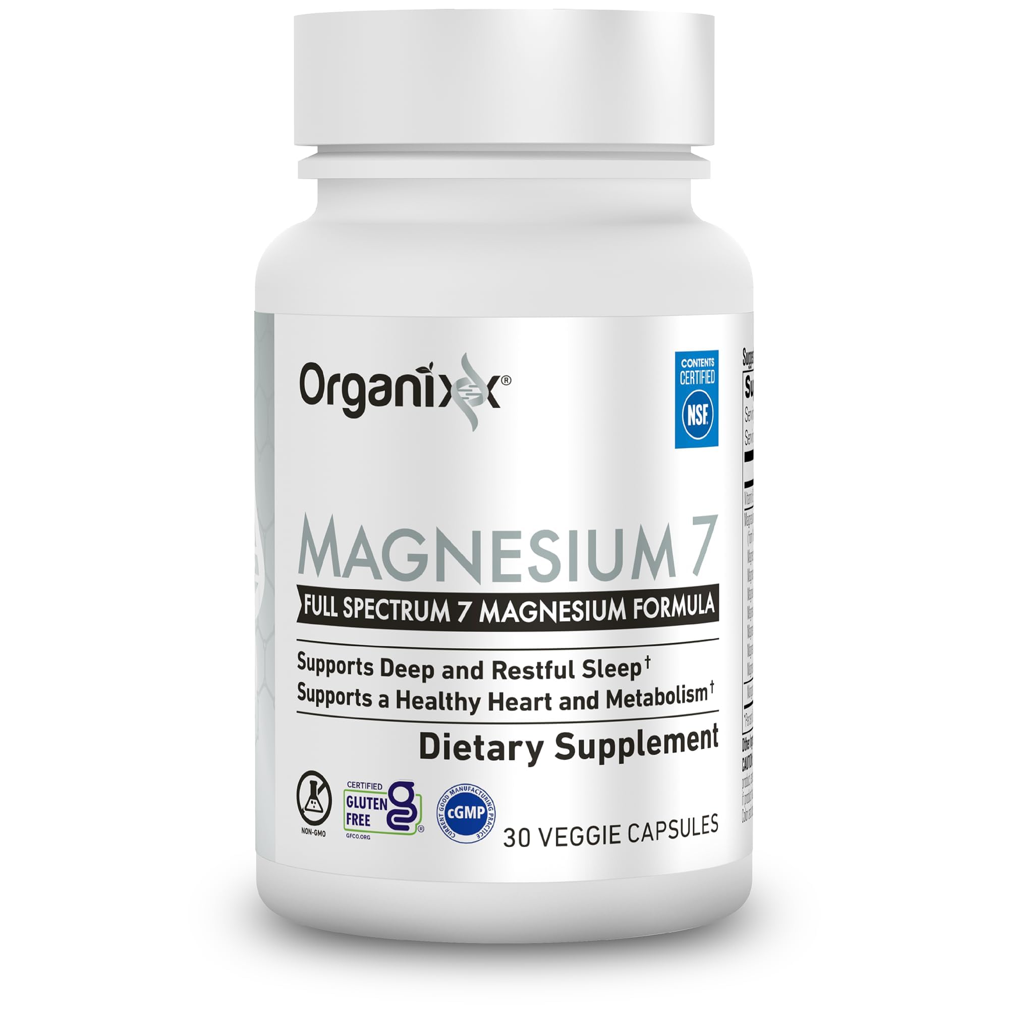 Organixx Magnesium 7 frasco frontal mostrando cápsulas y marca, beneficio descanso