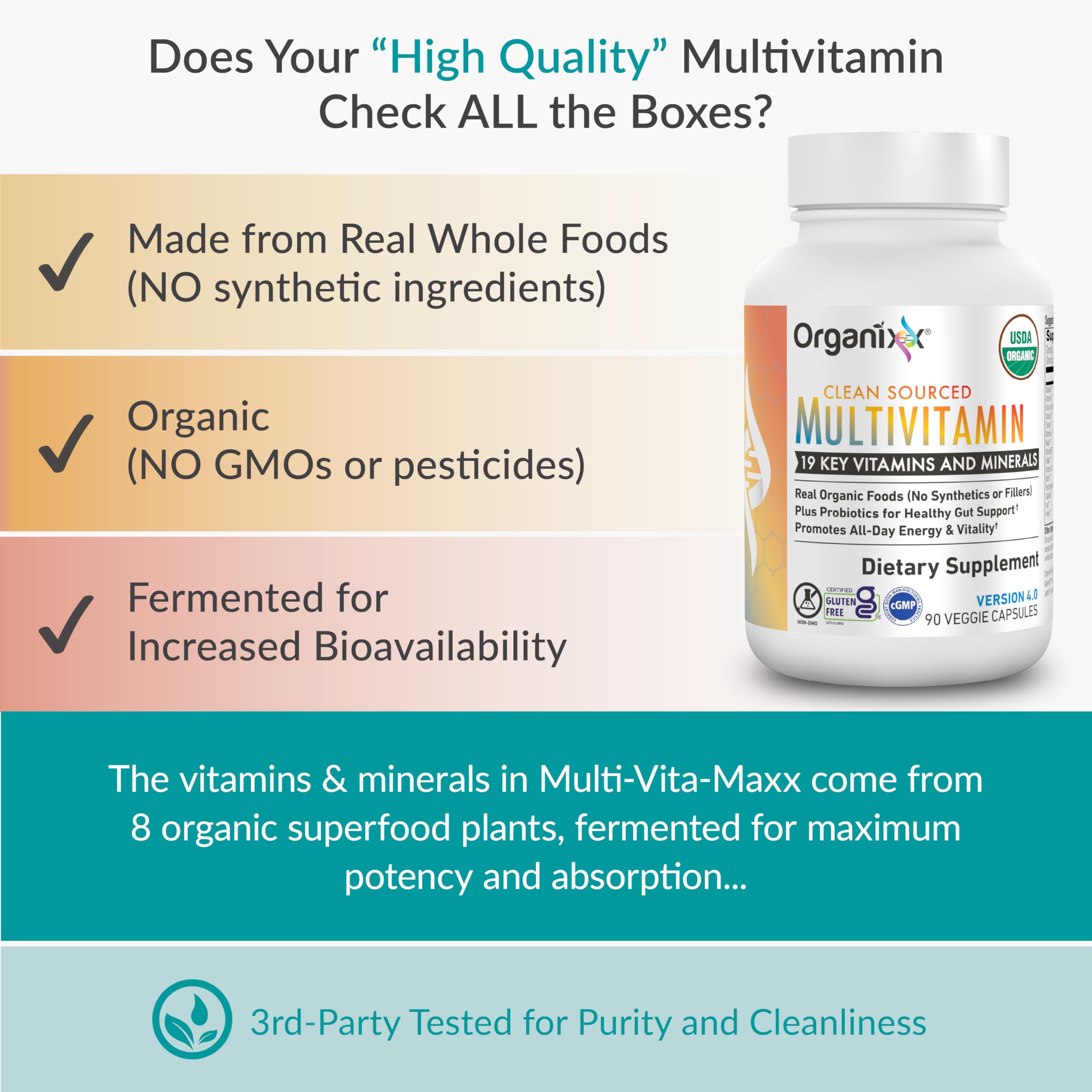 Organixx multivitamin cápsulas en mano para mostrar tamaño y conveniencia diaria