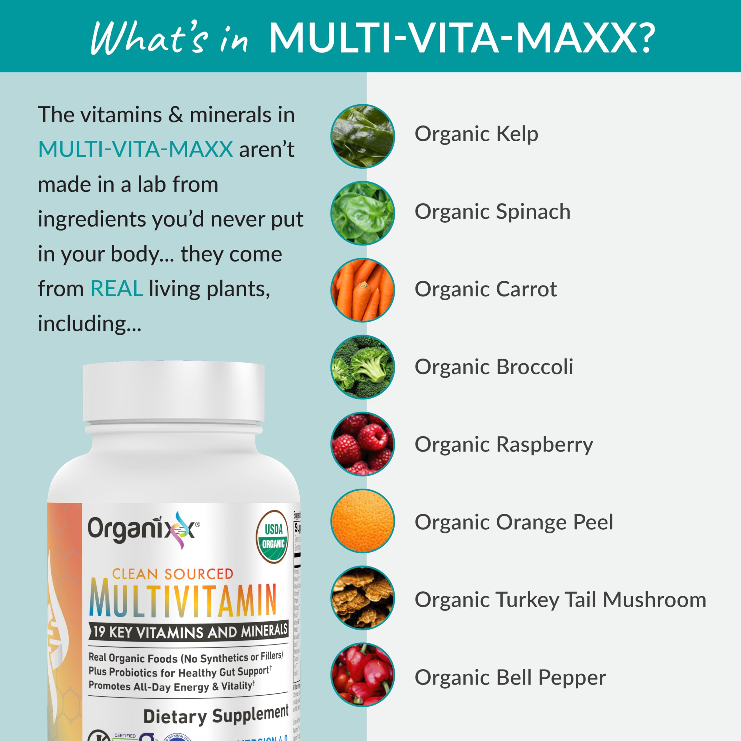 Organixx multivitamin etiqueta con lista de ingredientes limpios y certificados orgánicos