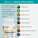 Organixx multivitamin etiqueta con lista de ingredientes limpios y certificados orgánicos