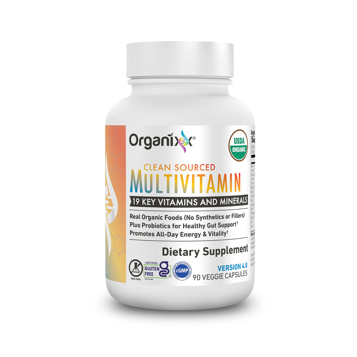 Organixx multivitamin frontal del envase mostrando fórmula orgánica y beneficios