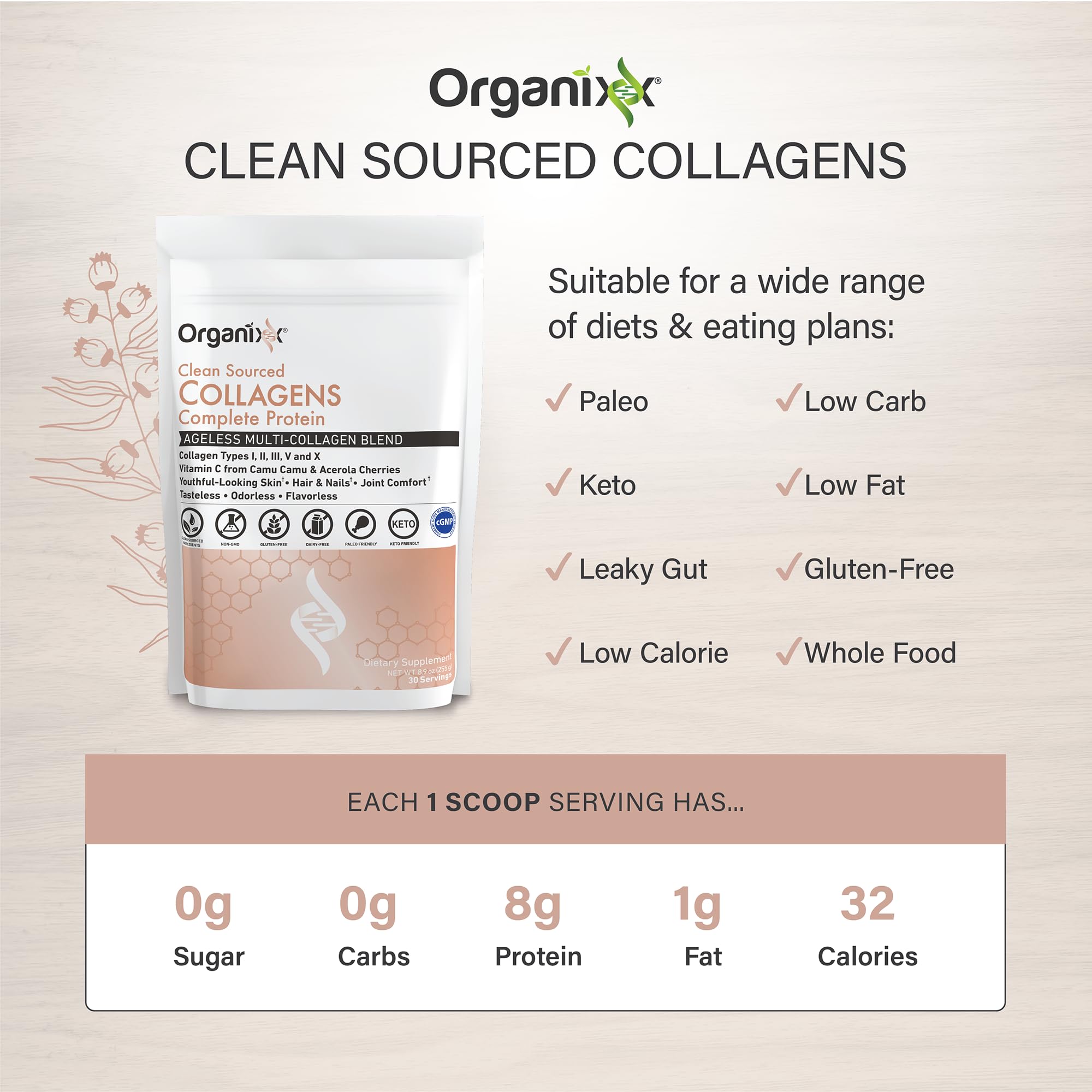 Organixx cucharada con porción de polvo, control de dosis simple
