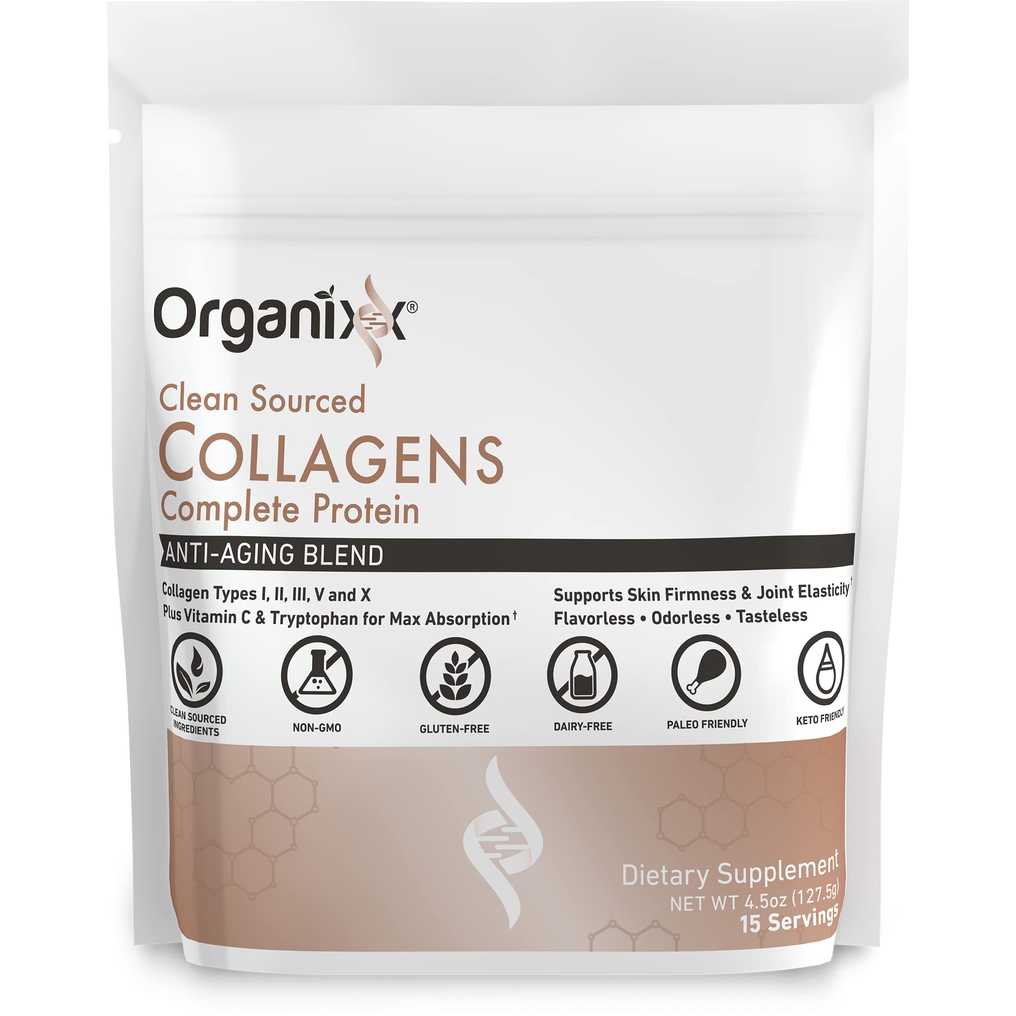 Organixx envase frontal mostrando etiqueta y beneficio de colágeno completo