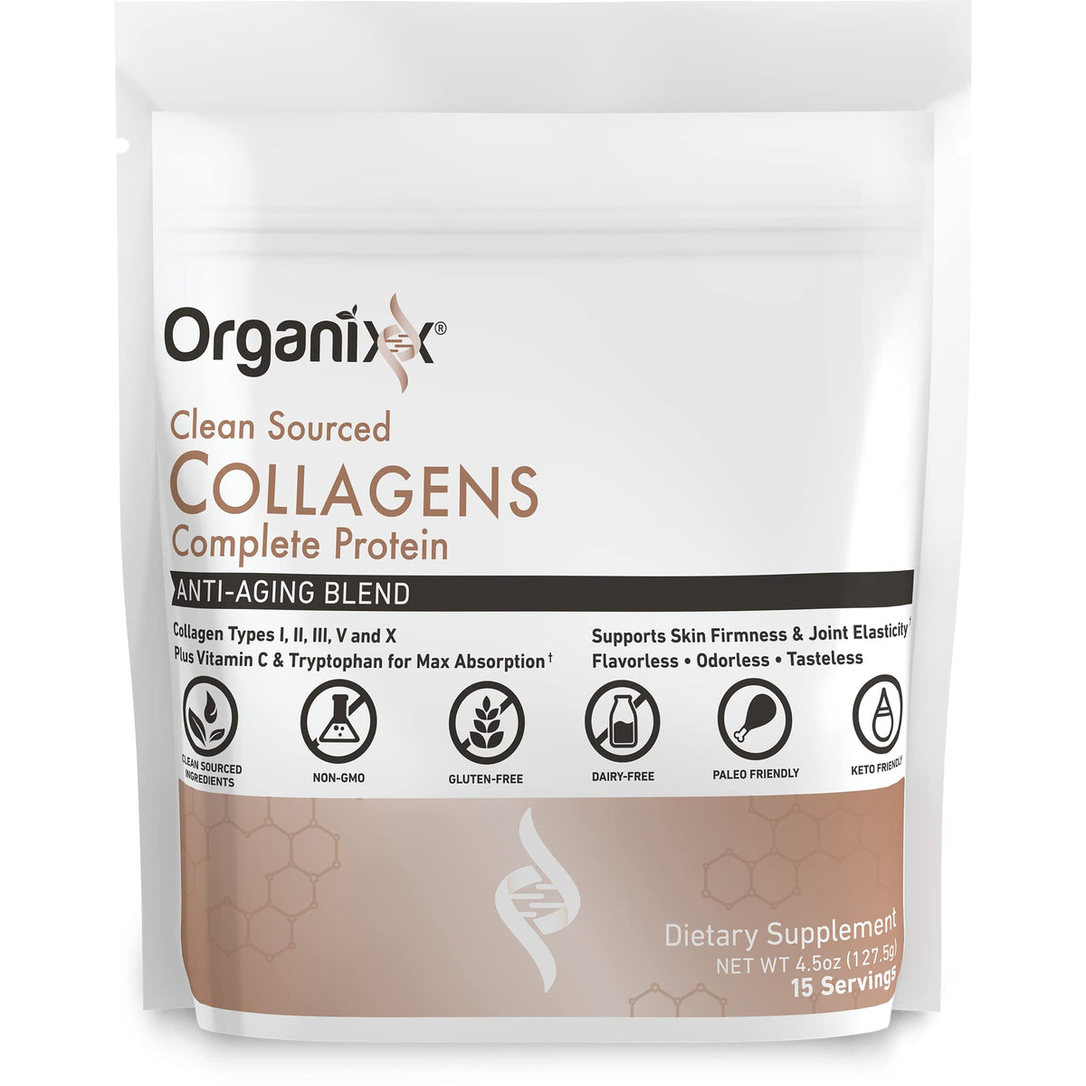 Organixx envase frontal mostrando etiqueta y beneficio de colágeno completo