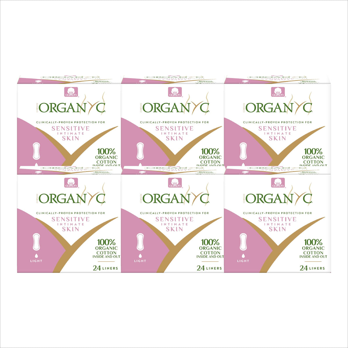 Organyc empaque frontal con 144 protectores que muestran marca y beneficio natural