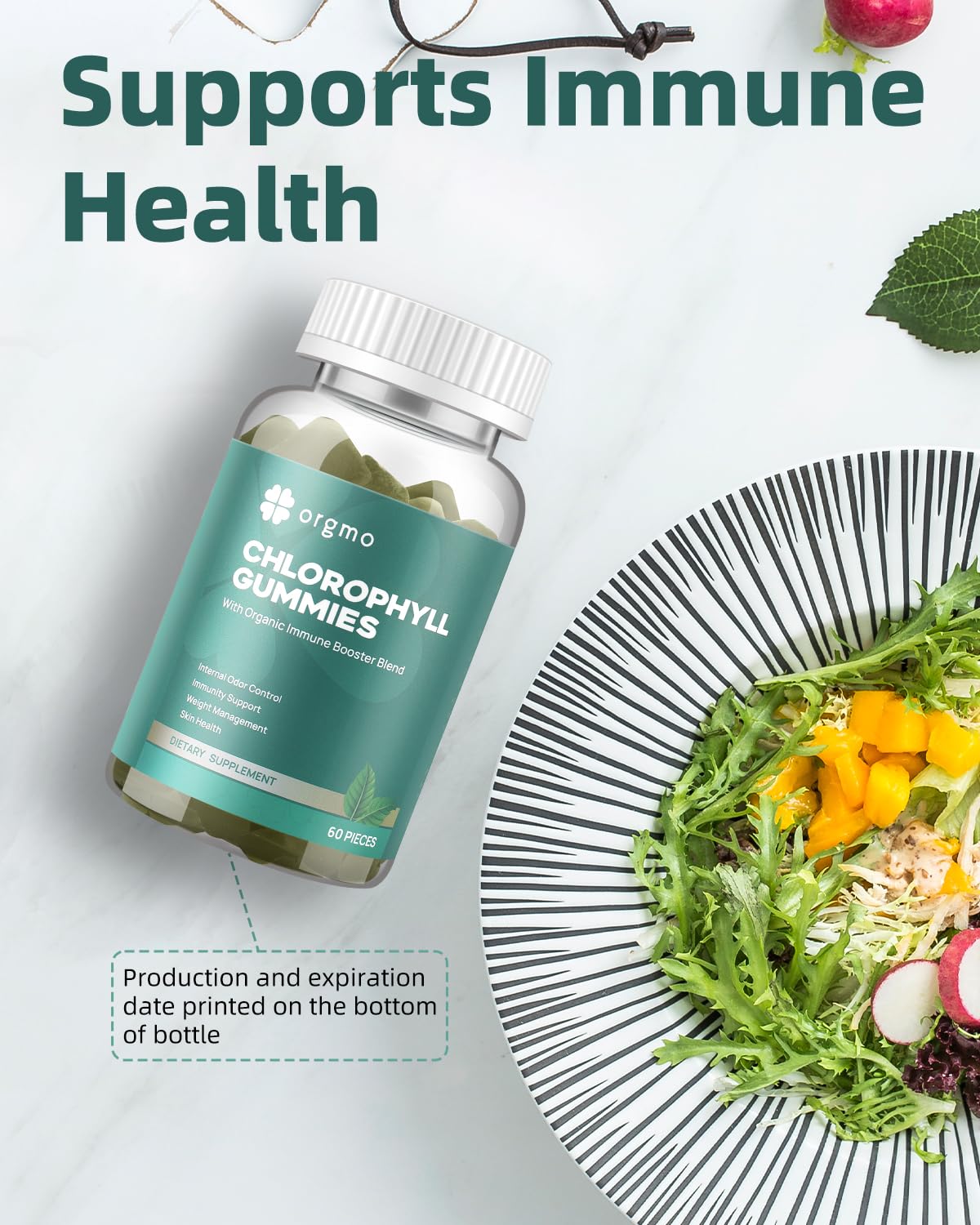 ORGMO etiqueta nutricional en primer plano señalando ingredientes y certificado GMP