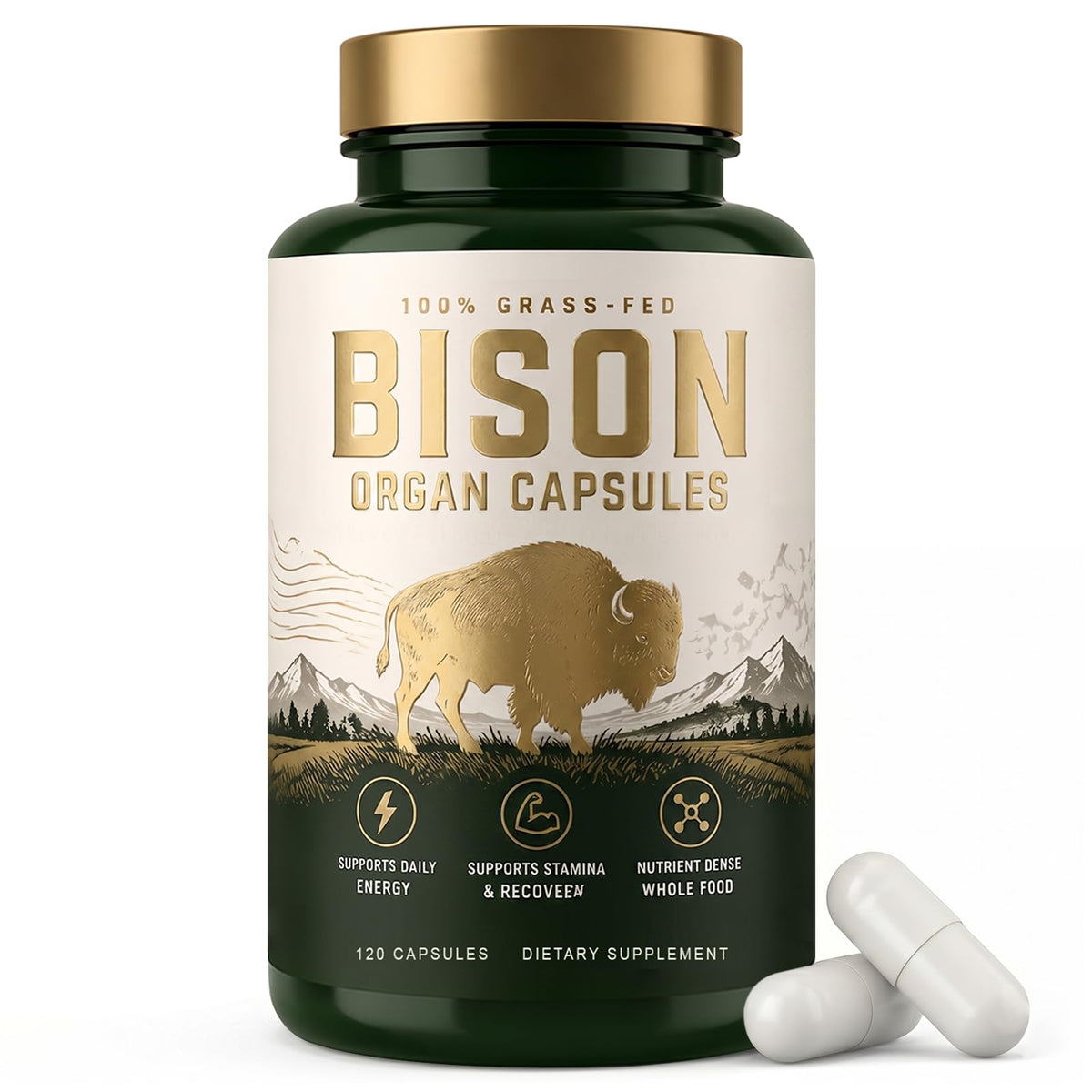 ORITICA envase frontal del suplemento de órganos de bisonte mostrando diseño claro y confianza