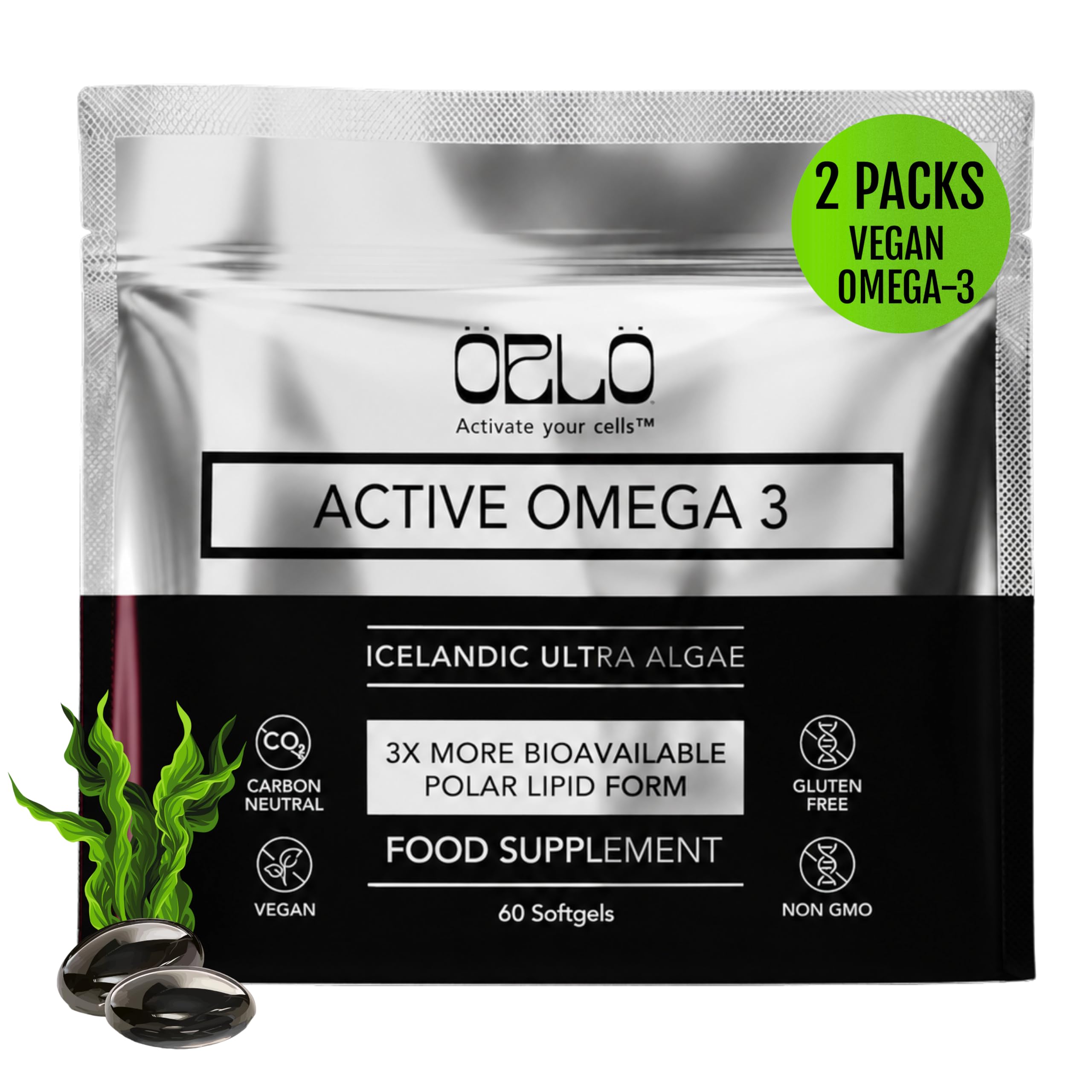 Orlo frontal del envase mostrando producto vegano y beneficios claros
