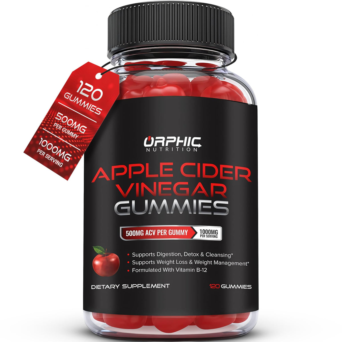 ORPHIC NUTRITION frasco frontal del producto mostrando 120 gomitas y beneficio de conveniencia