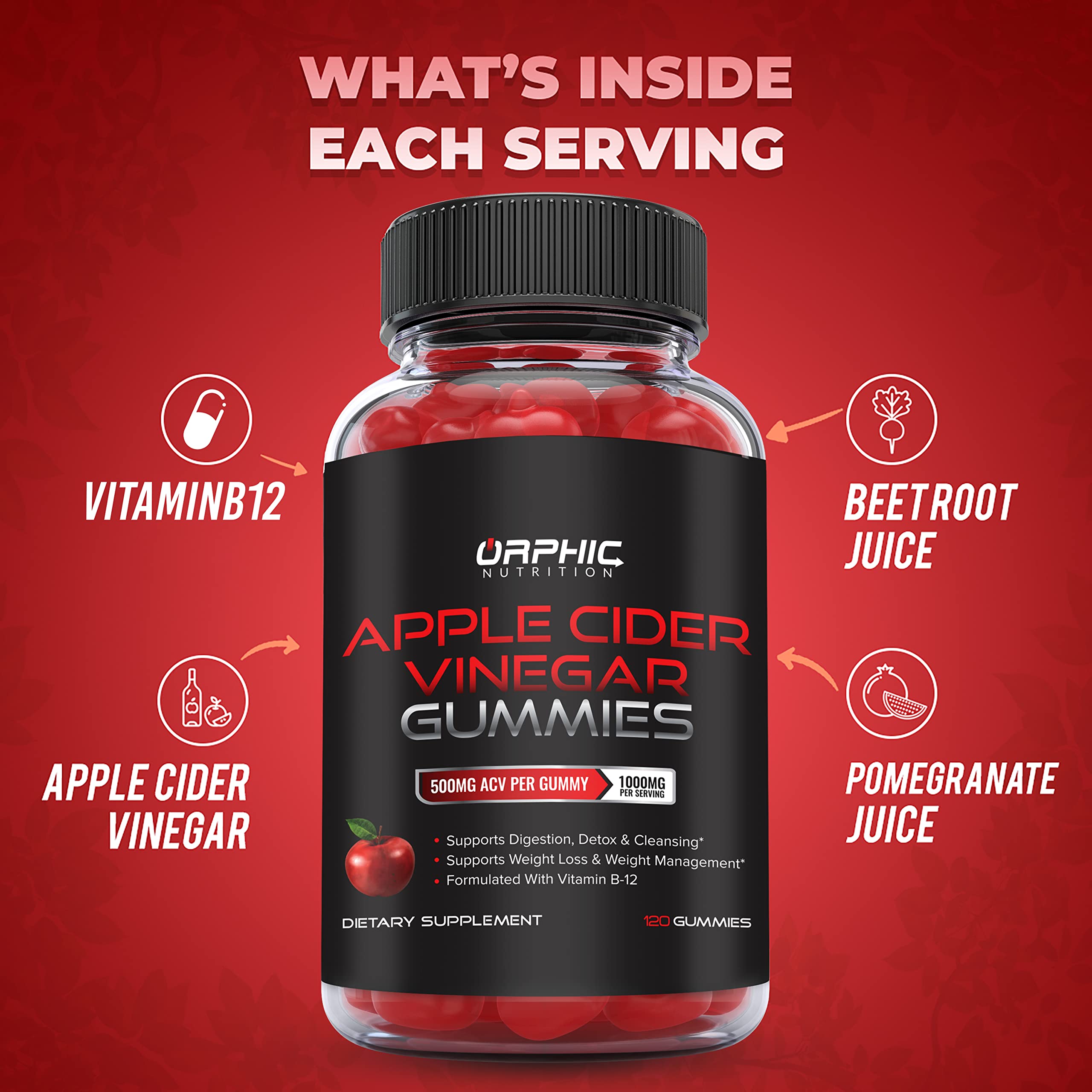 ORPHIC NUTRITION gomitas dentro del frasco que ilustran la cantidad y suministro de 60 días