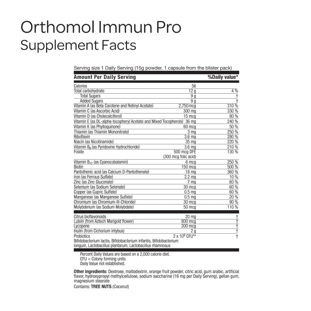 Orthomol Immun Pro polvo en primer plano con textura fina y mezcla rápida