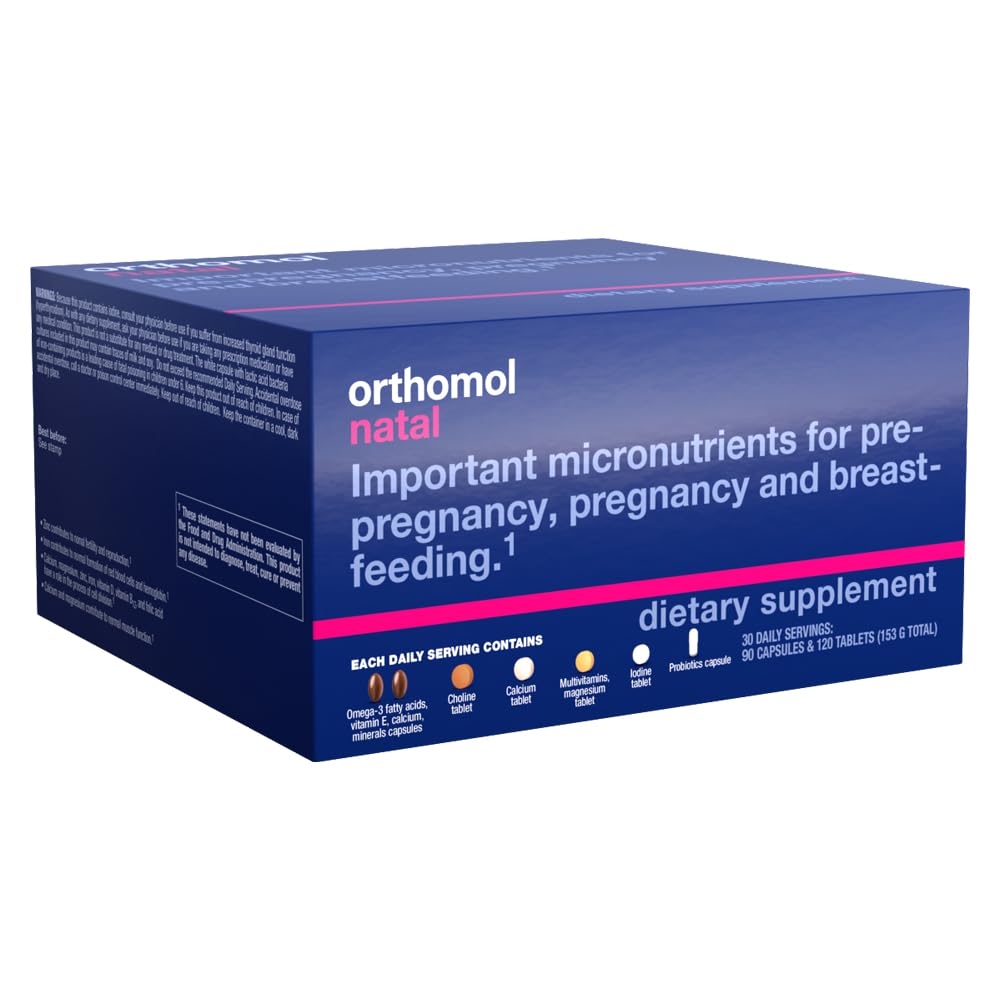Orthomol Natal cápsulas omega-3 en primer plano, aporte de DHA y EPA