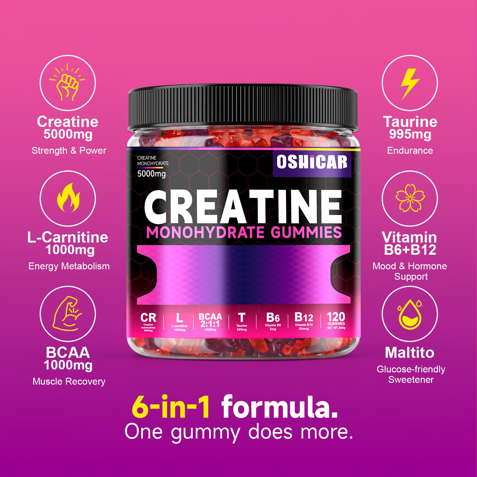 OSHICAR etiqueta nutricional legible que destaca creatina y BCAA