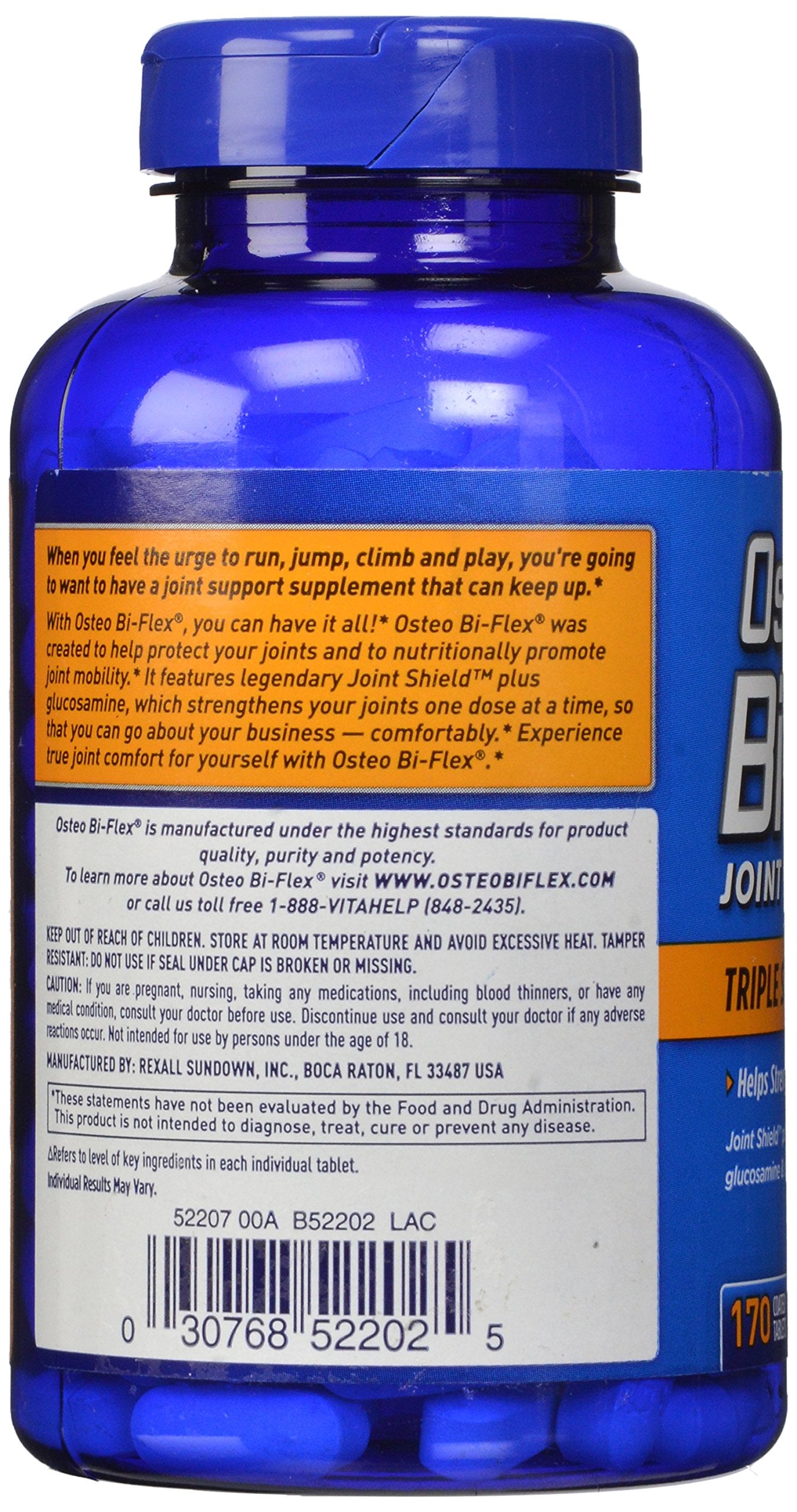 Botella de Osteo Bi-Flex junto a una regla para comparar tamaño y cantidad de 170 caplets