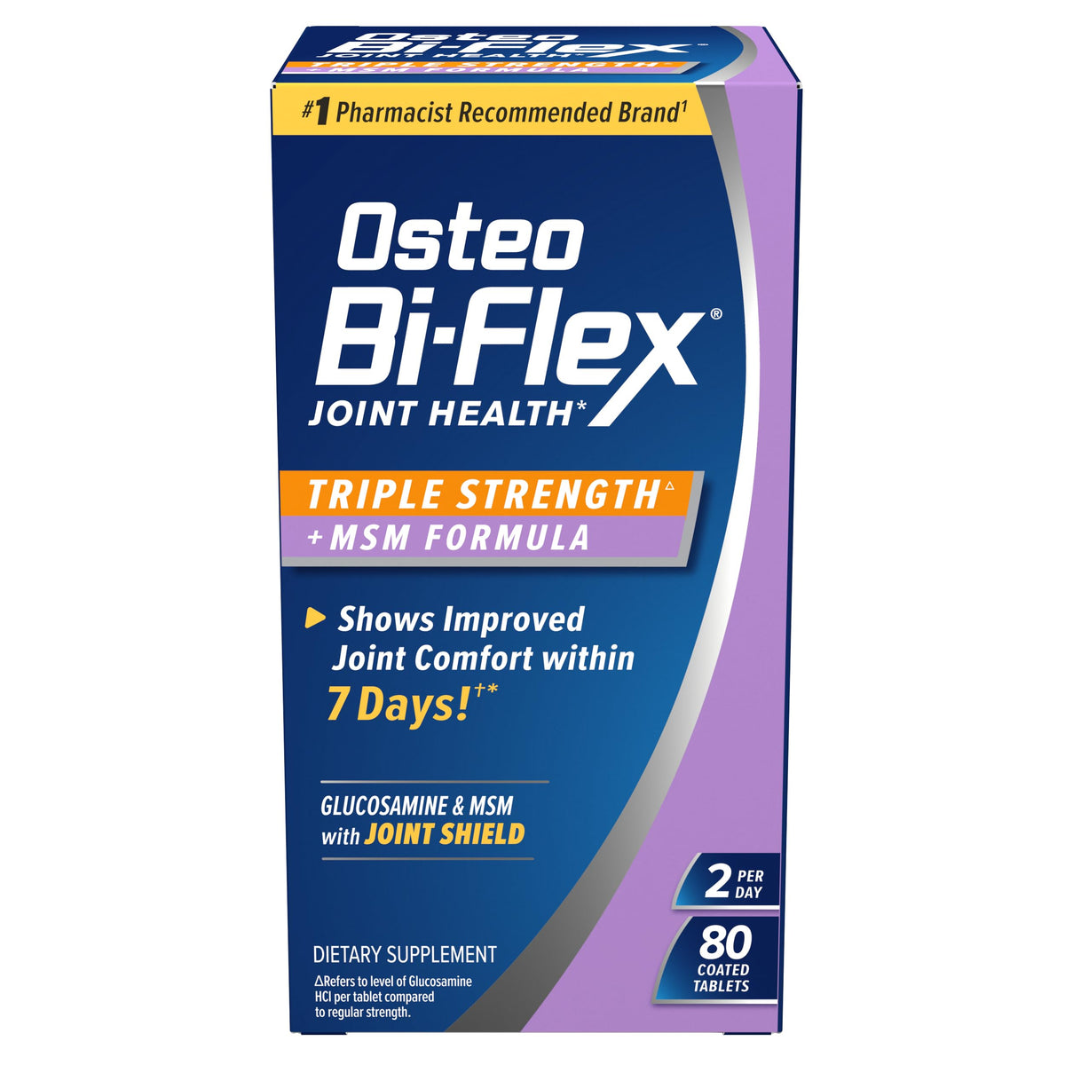 Osteo Bi-Flex frontal del envase mostrando Triple Strength MSM y cantidad