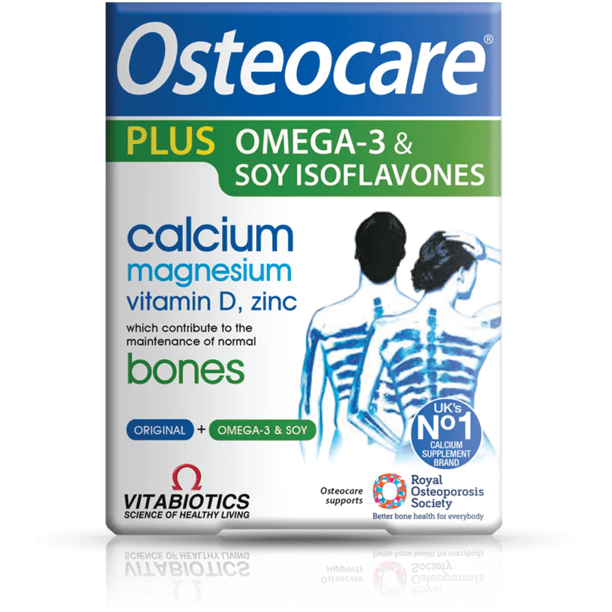 Osteocare envase frontal mostrando la fórmula 2-en-1 y beneficios esenciales