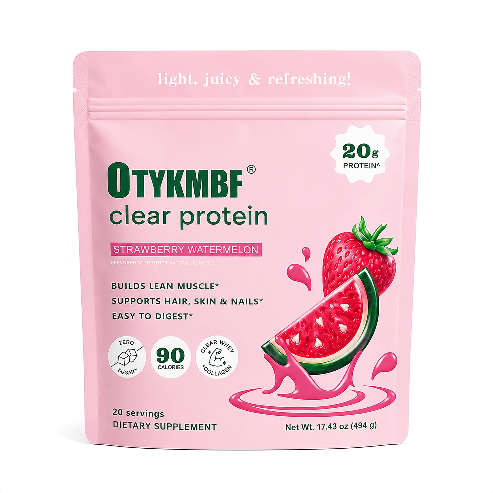 OTYKMBF envase frontal con diseño y sabor frambuesa limón, destaca proteína clara