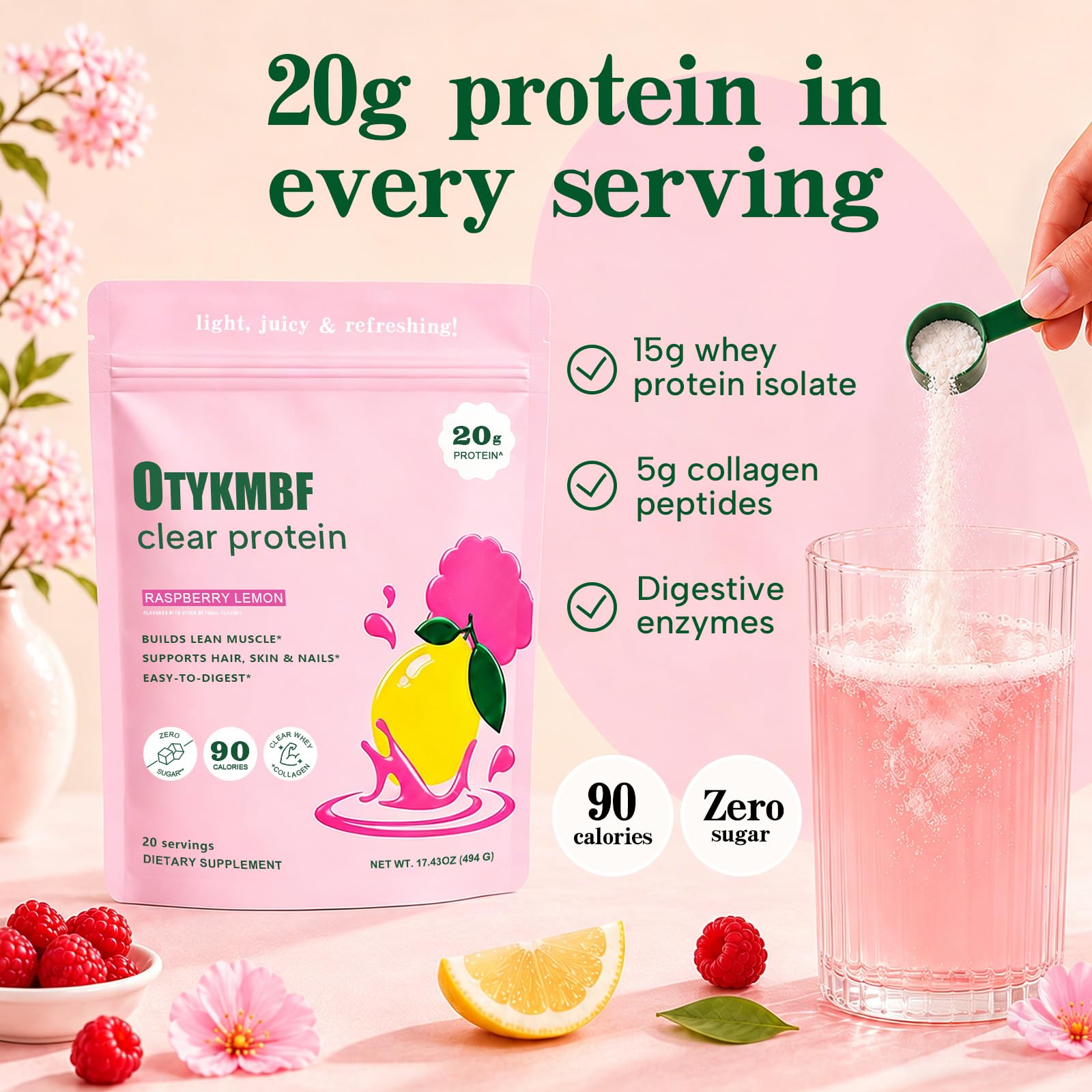 OTYKMBF vaso preparado con bebida rosa, refrescante y baja en calorías