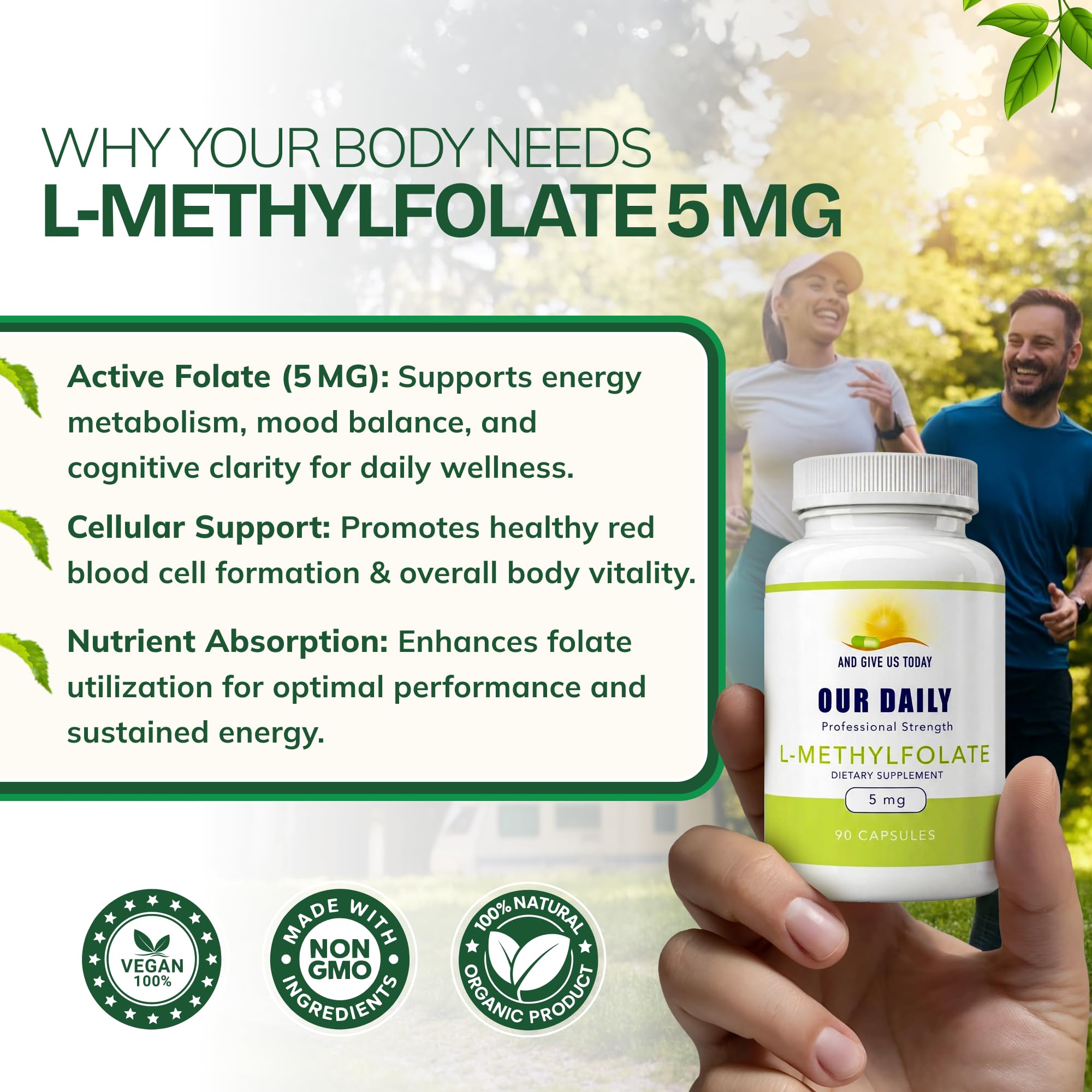 Our Daily Vites etiqueta nutricional legible mostrando 5 mg de L-Methylfolate por cápsula