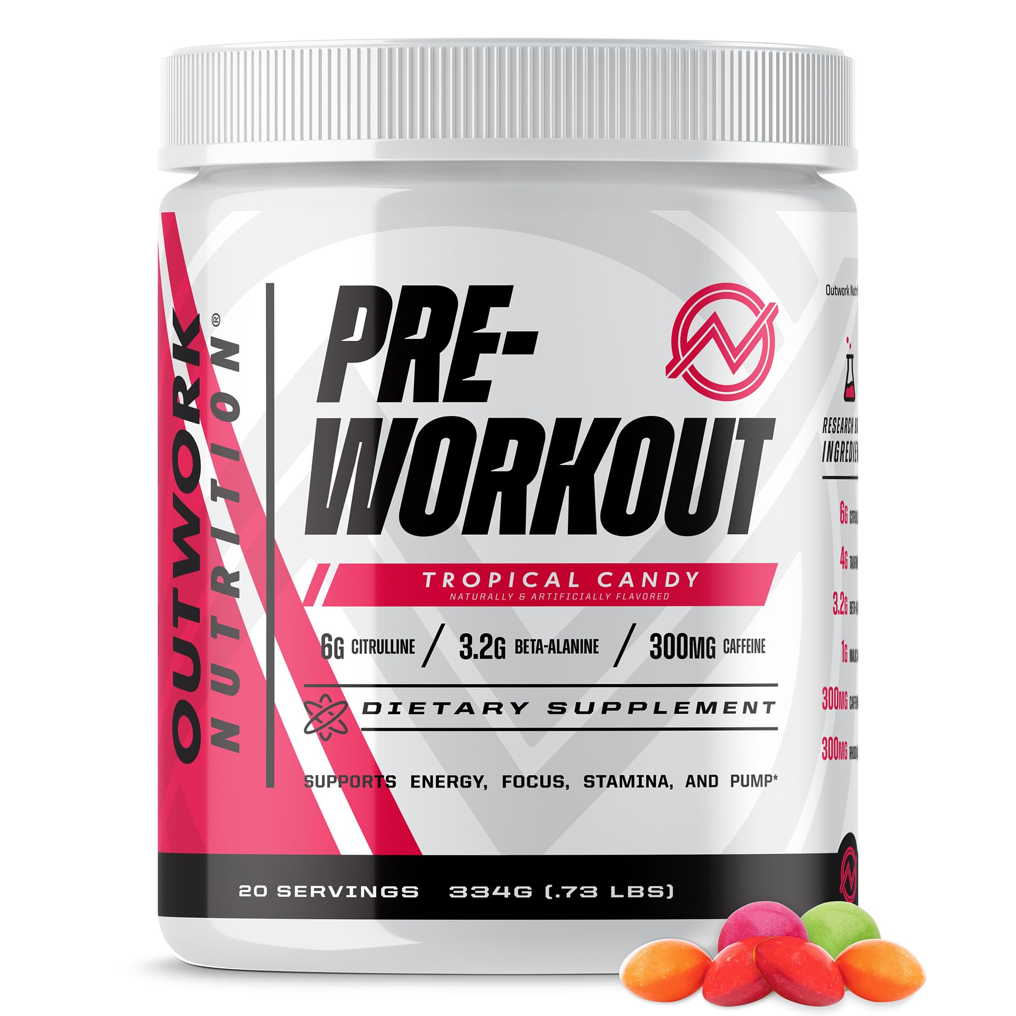 Outwork Nutrition envase frontal Tropical Candy mostrando diseño y beneficio claridad