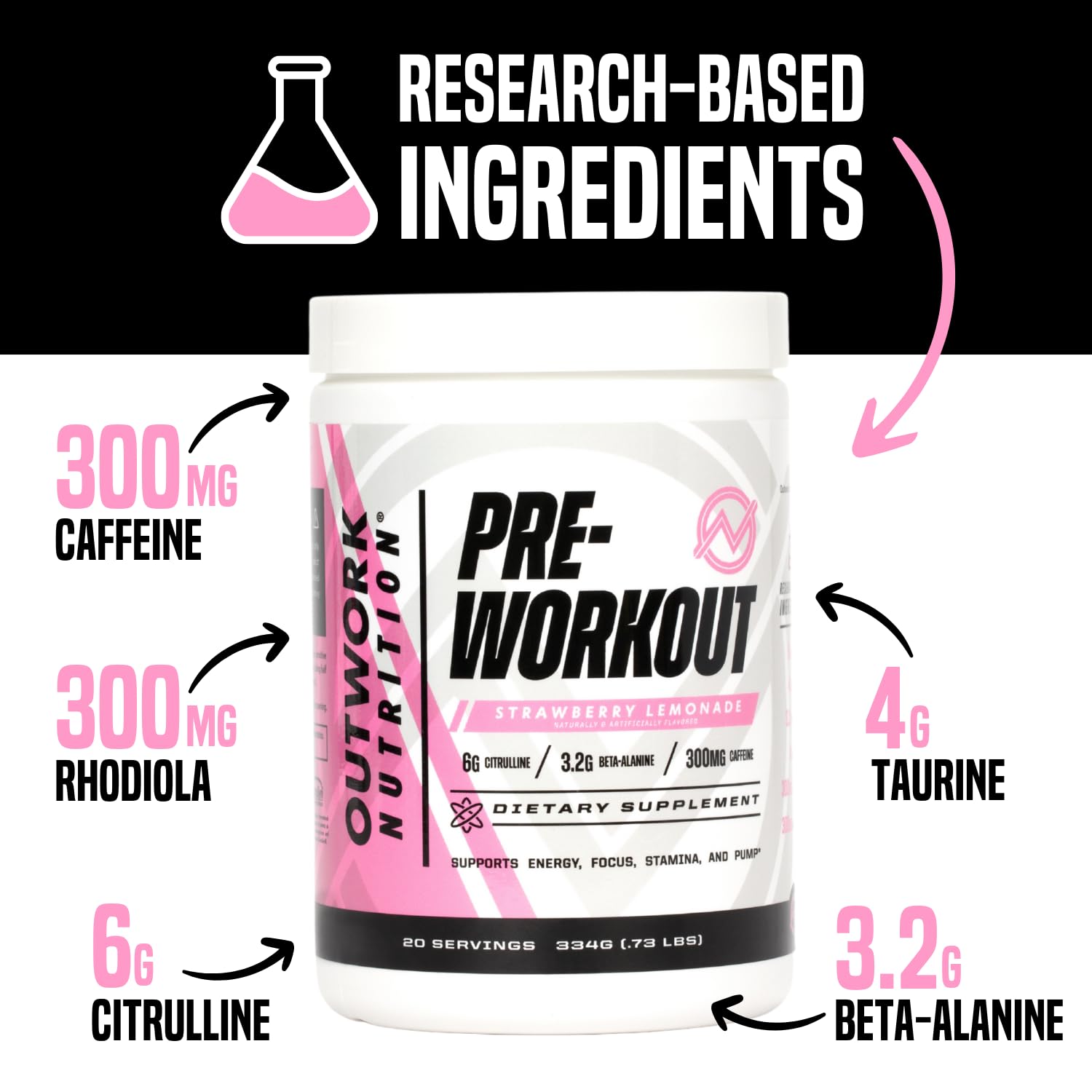 Vaso con Outwork Nutrition preparado en color Strawberry Lemonade listo para entrenar