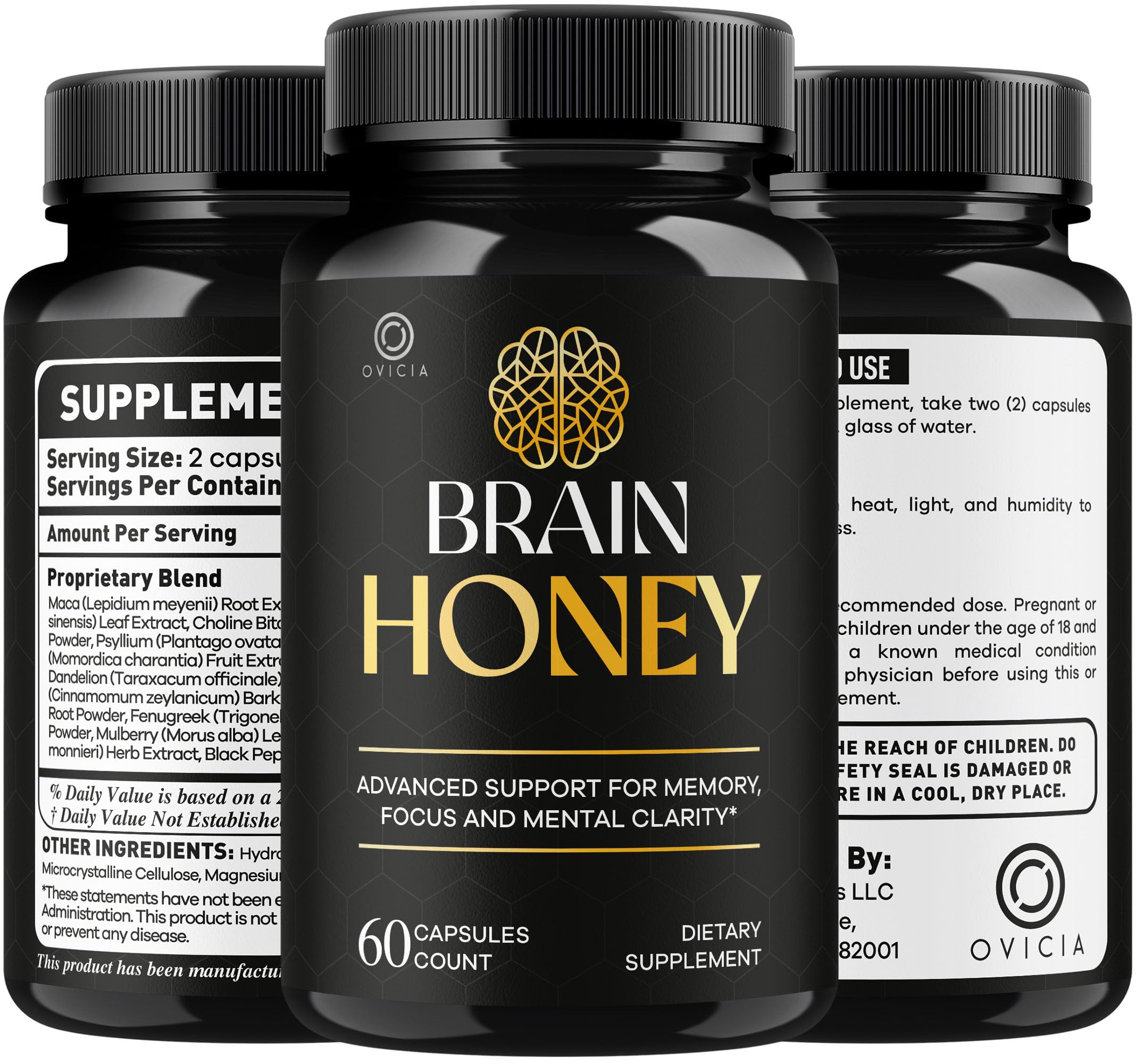 OVICIA mano vertiendo cápsulas Brain Honey control de dosis diaria