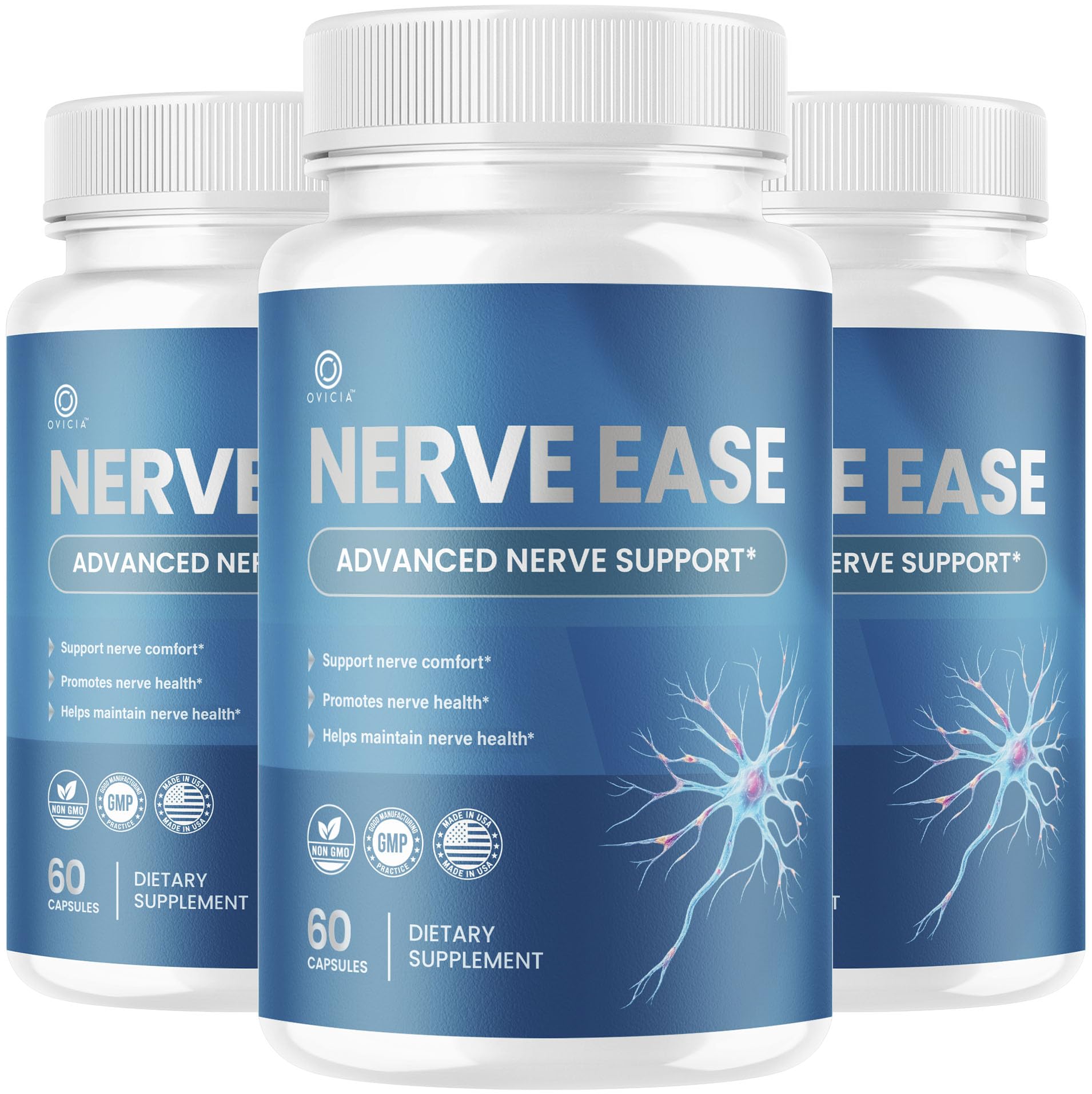 OVICIA Nerve Ease frente del pack de tres, conveniencia trimestral