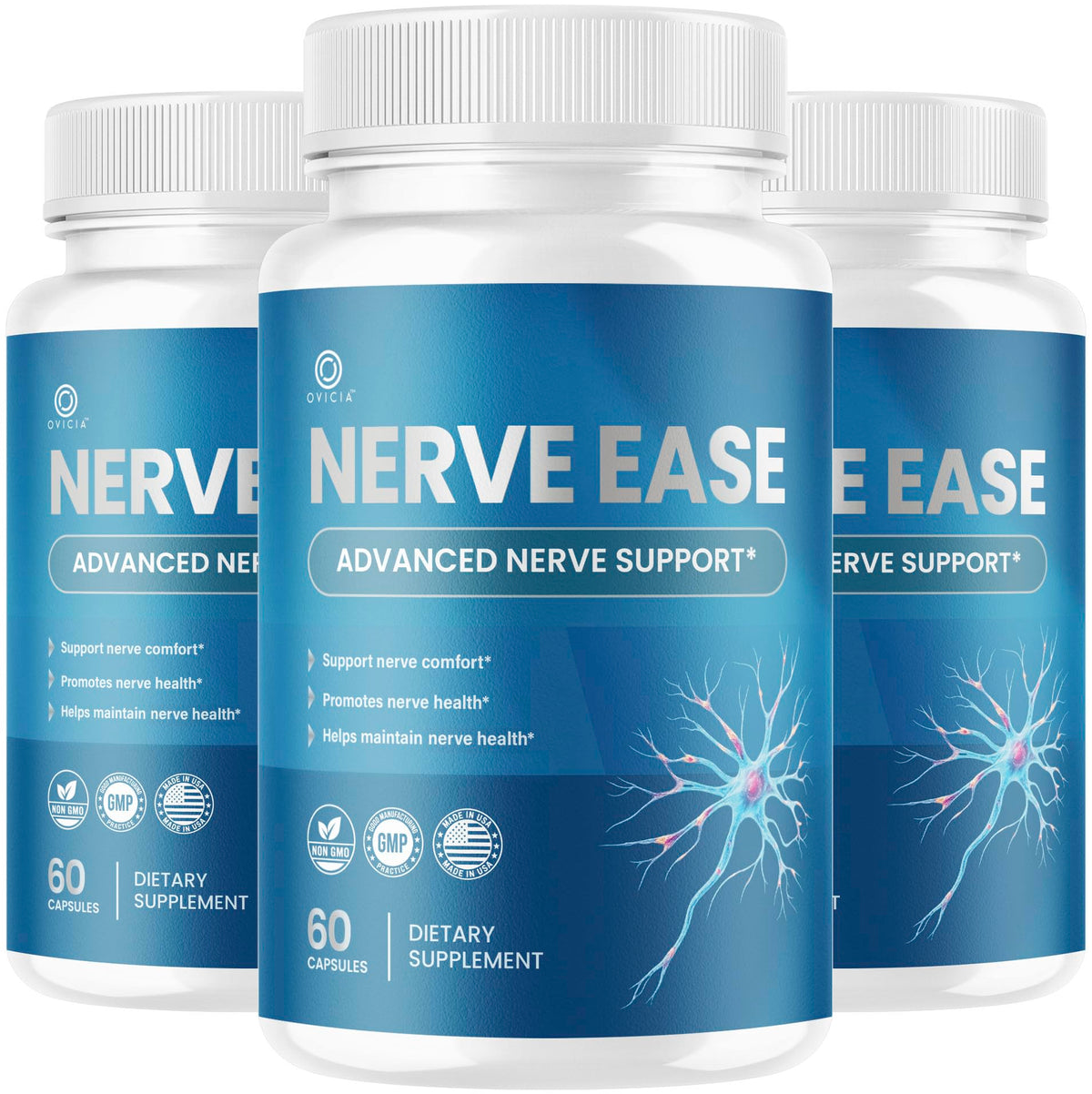 OVICIA Nerve Ease frente del pack de tres, conveniencia trimestral