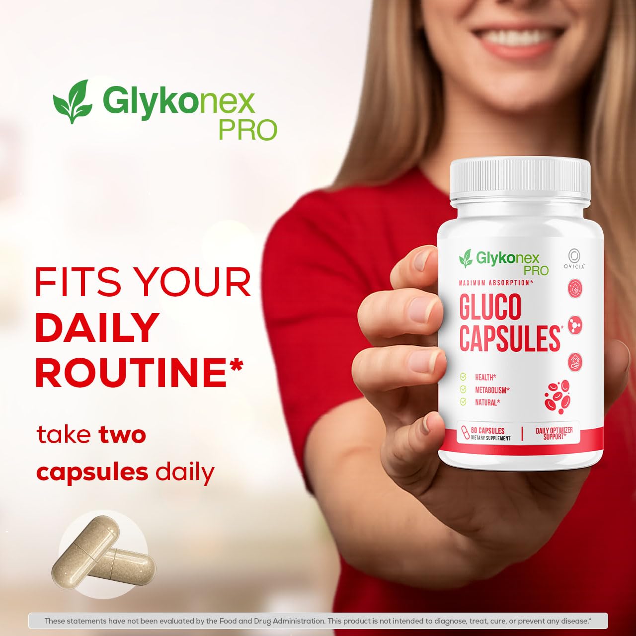 OVICIA botella abierta con cápsulas Gluco Capsules, beneficio de suministro mensual