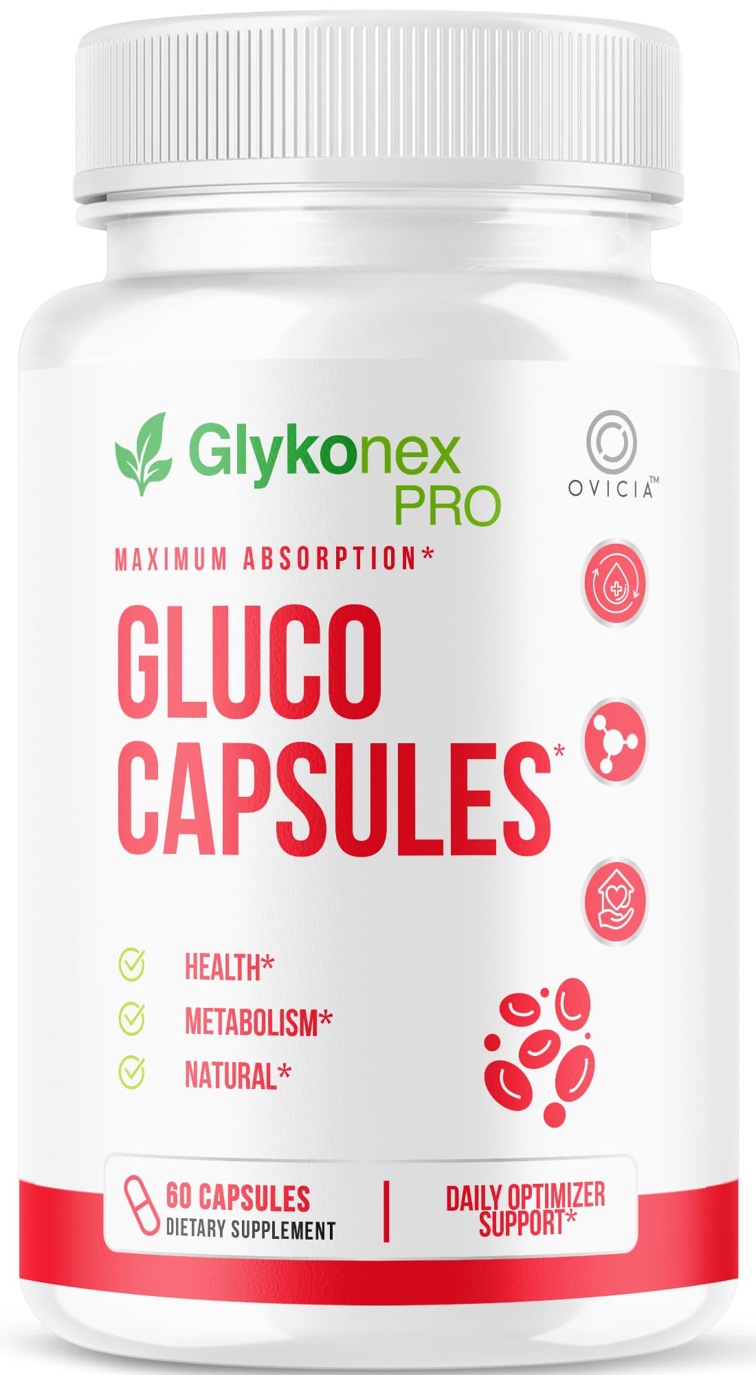 OVICIA frasco Gluco Capsules frente mostrando diseño y ventaja de apoyo nutricional