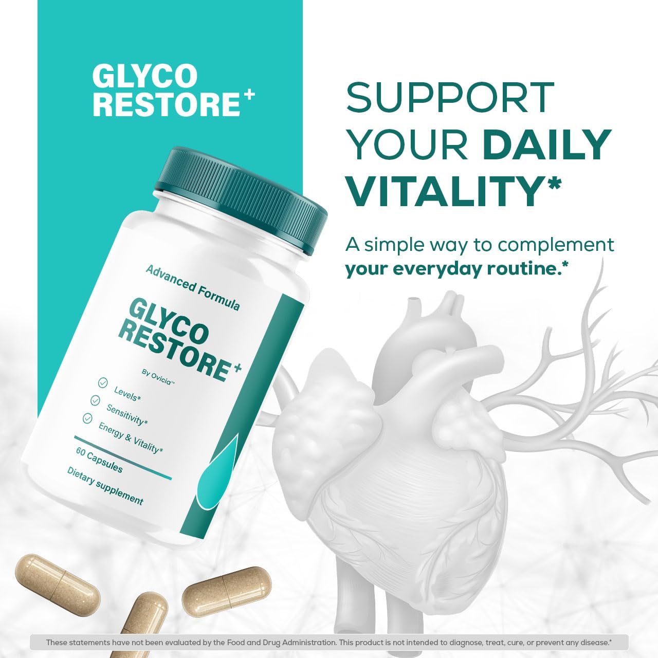 OVICIA Glyco Restore cápsula en primer plano, detalle de textura y fácil ingestión