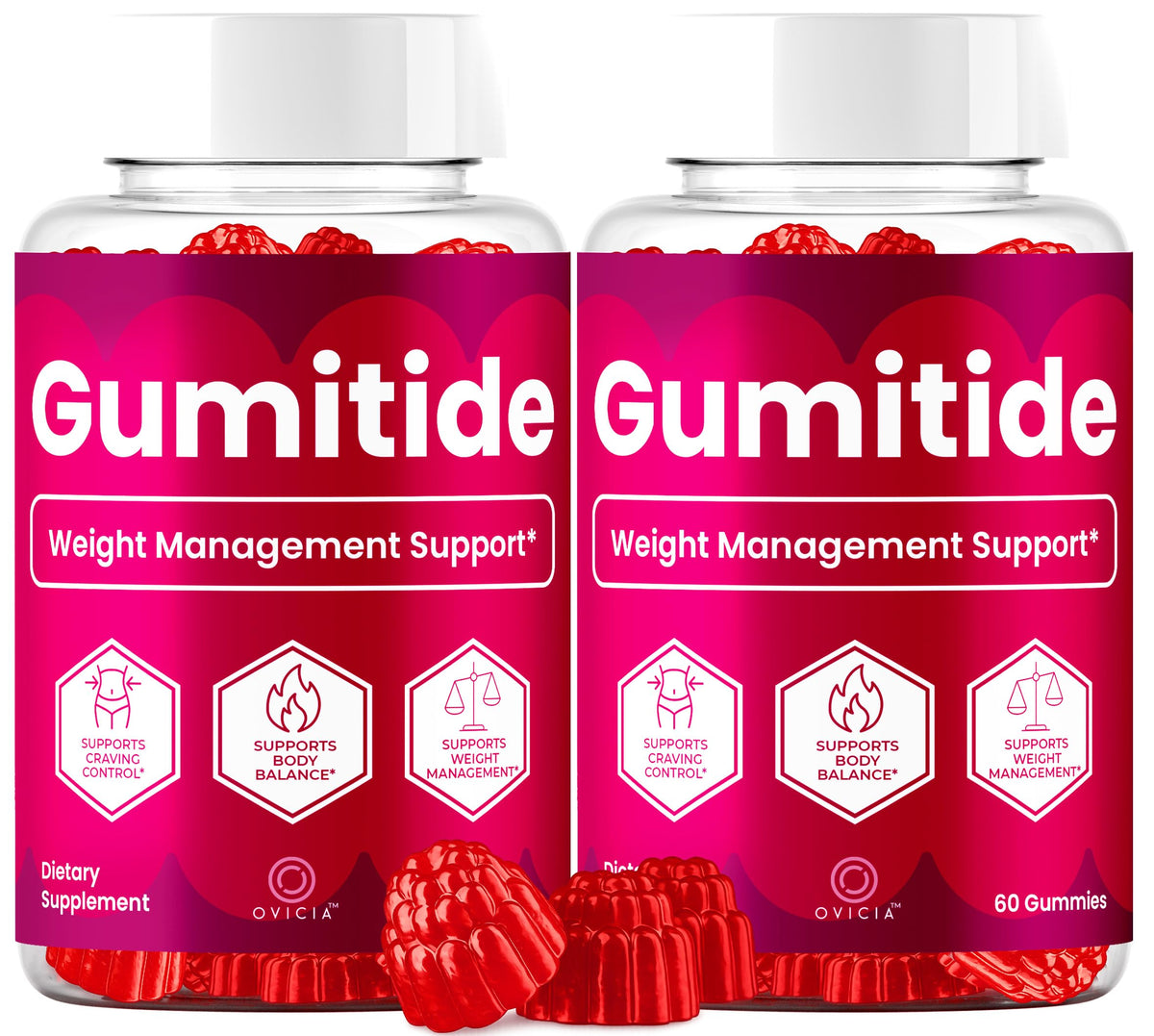 OVICIA paquete frontal de Gumitide Gummies mostrando presentación conveniente para dos meses