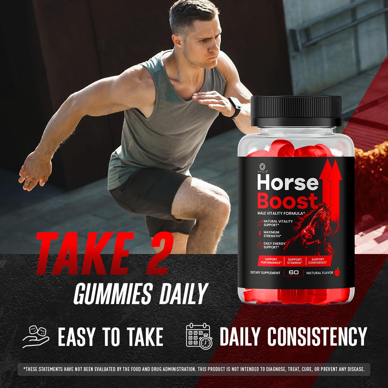 OVICIA Horse Boost persona tomando gomita para mayor conveniencia diaria