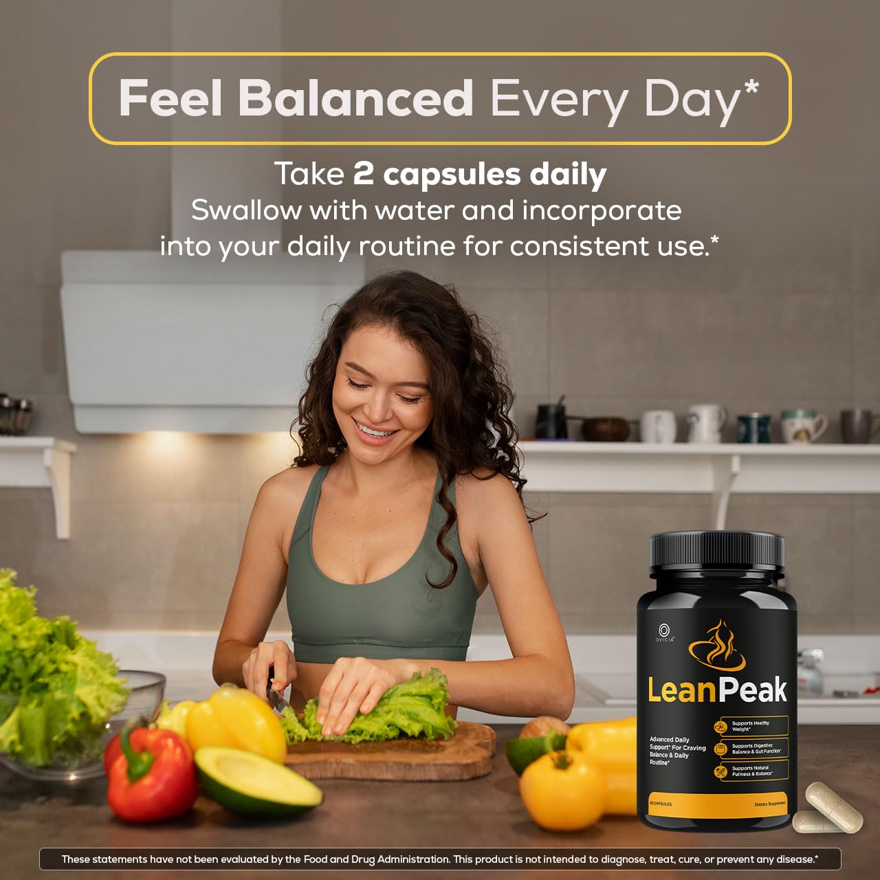 OVICIA Lean Peak frasco abierto con cápsulas para visualizar cantidad interna