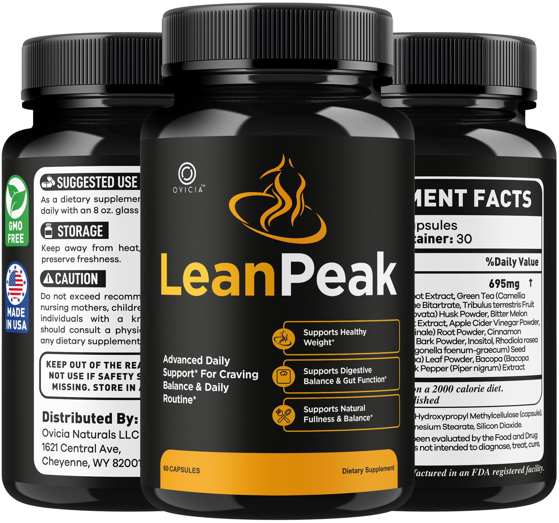 OVICIA Lean Peak estilo de vida: frasco en mesa junto a frutas y libreta saludable
