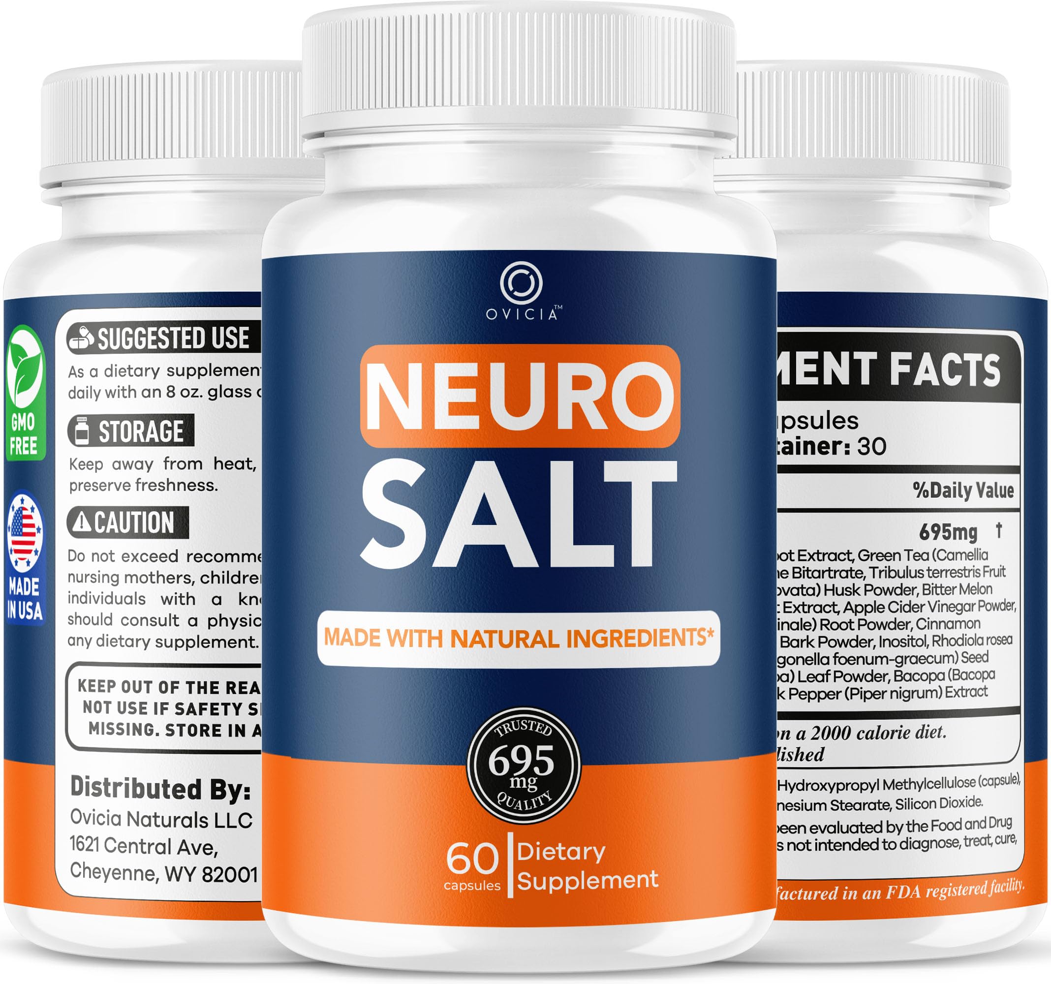 OVICIA ingredientes naturales de Neuro Salt dispuestos, subraya origen natural