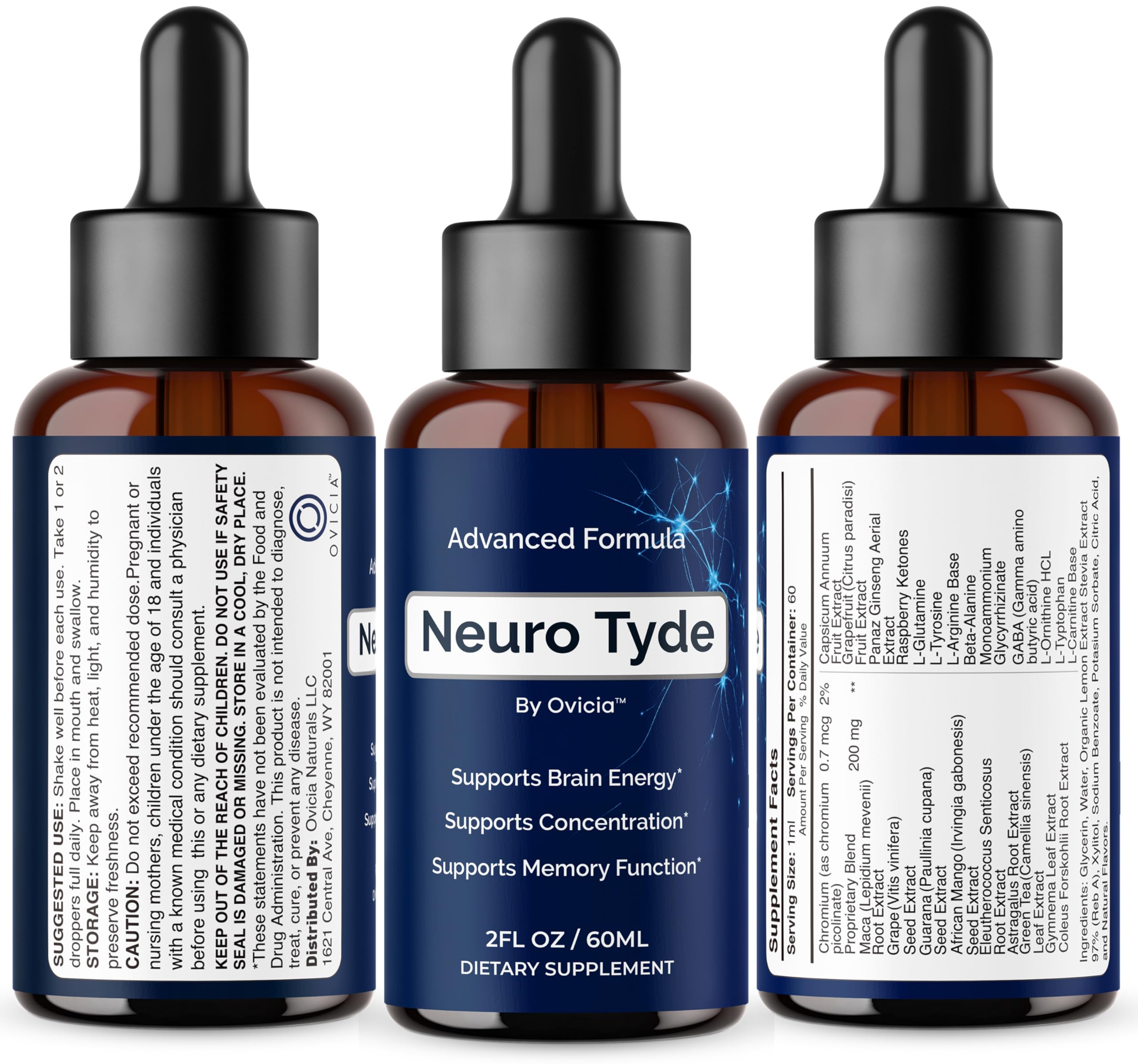 OVICIA NeuroTyde ingredientes naturales en imagen estilo botánico y limpio