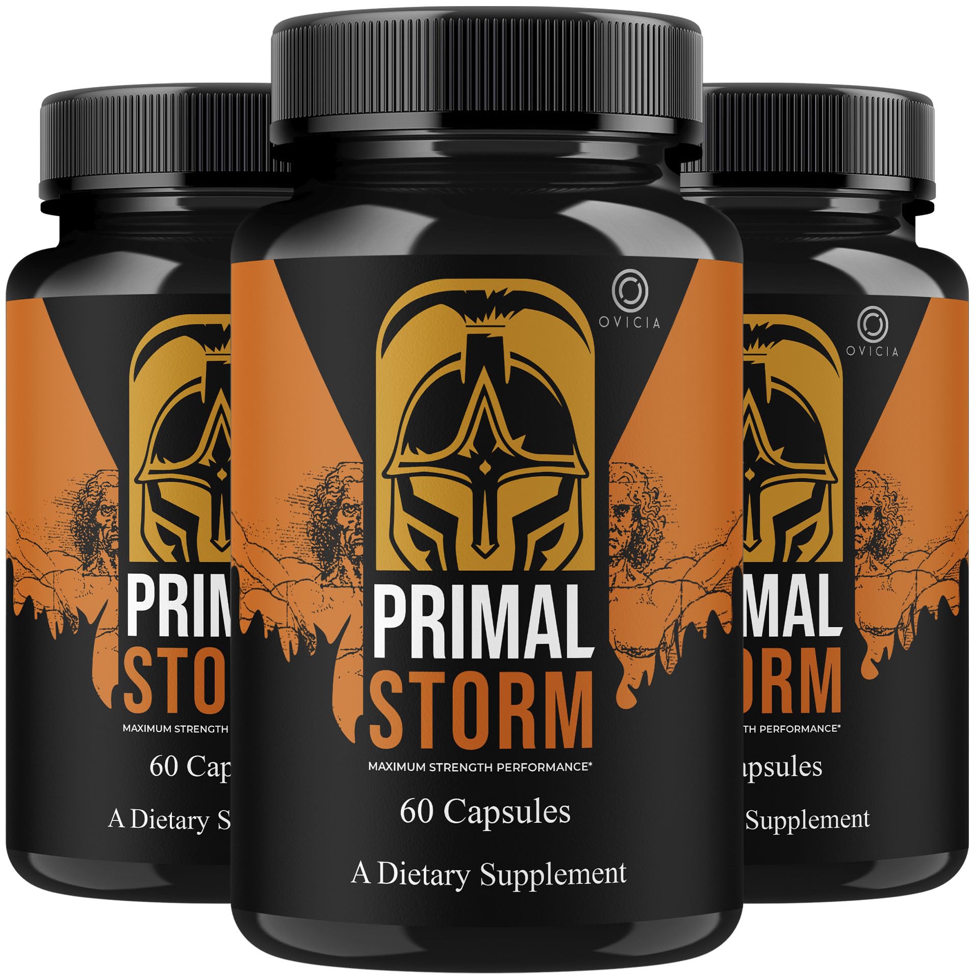 OVICIA Primal Storm frontal mostrando el envase y beneficio de suministro para 3 meses