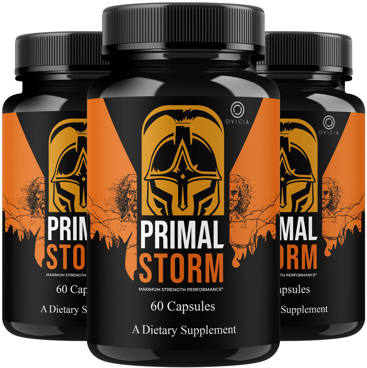 OVICIA Primal Storm frontal mostrando el envase y beneficio de suministro para 3 meses