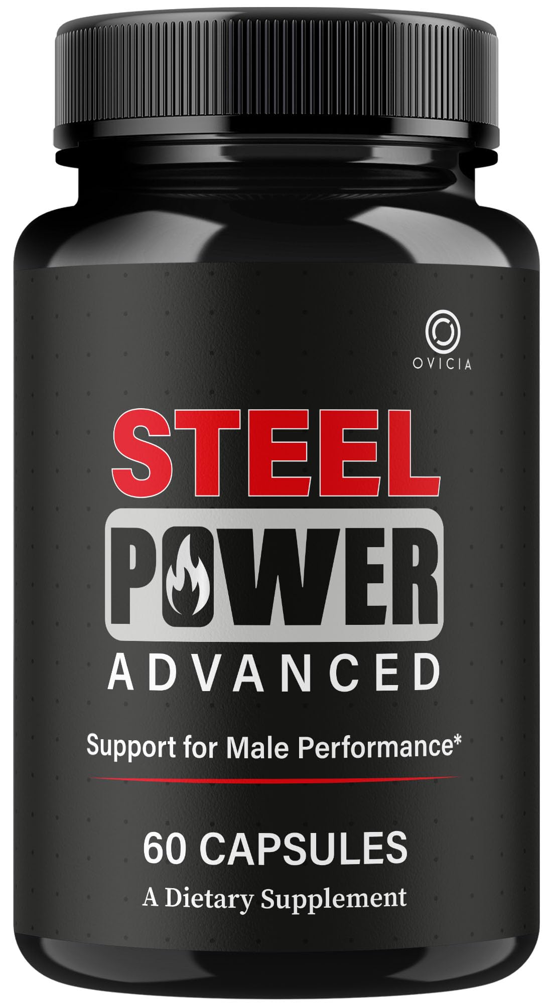 OVICIA Steel Power frasco frontal que muestra diseño y beneficio de constancia