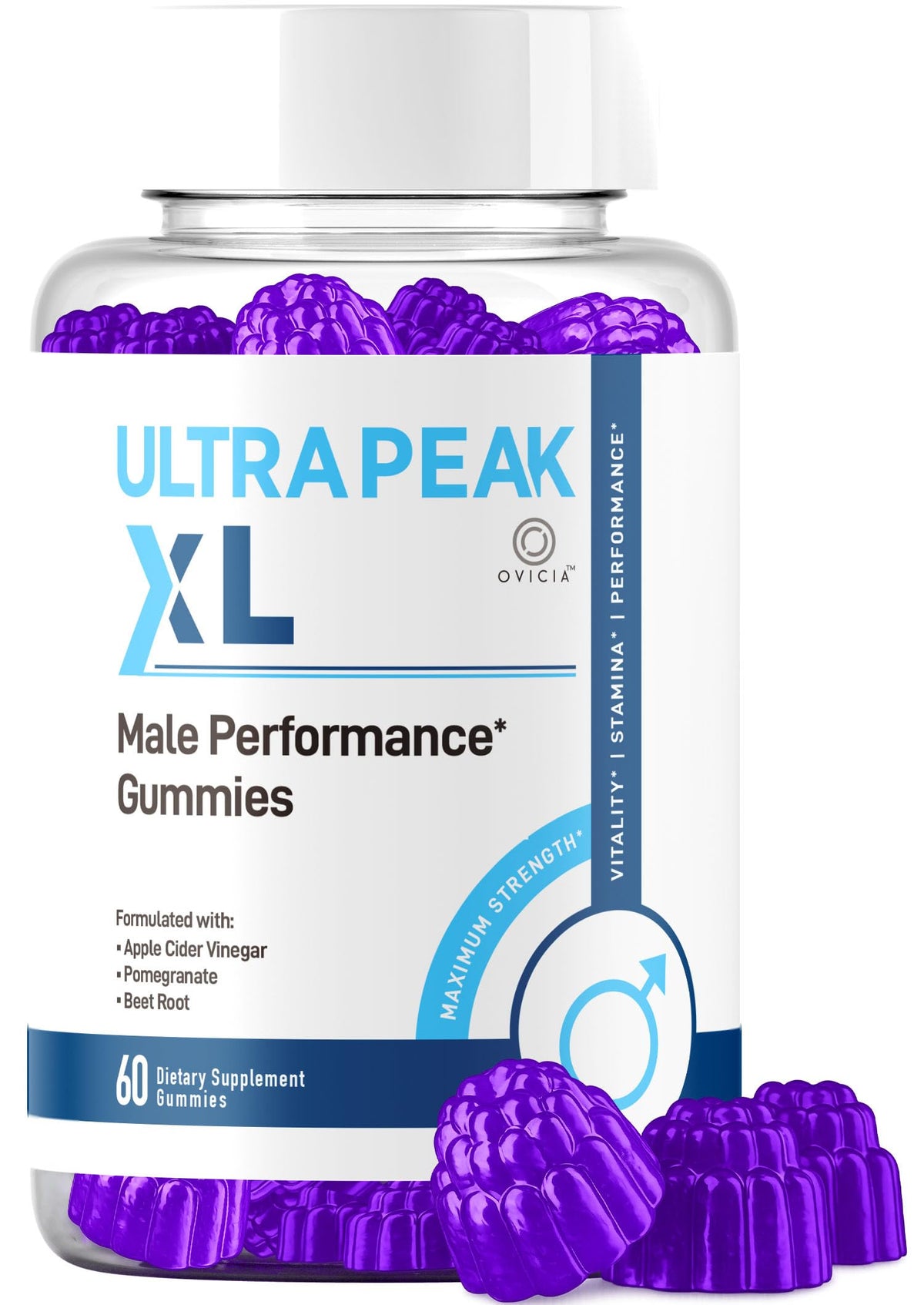 OVICIA Ultra Peak XL vista frontal del envase con 60 gominolas, diseño claro y práctico
