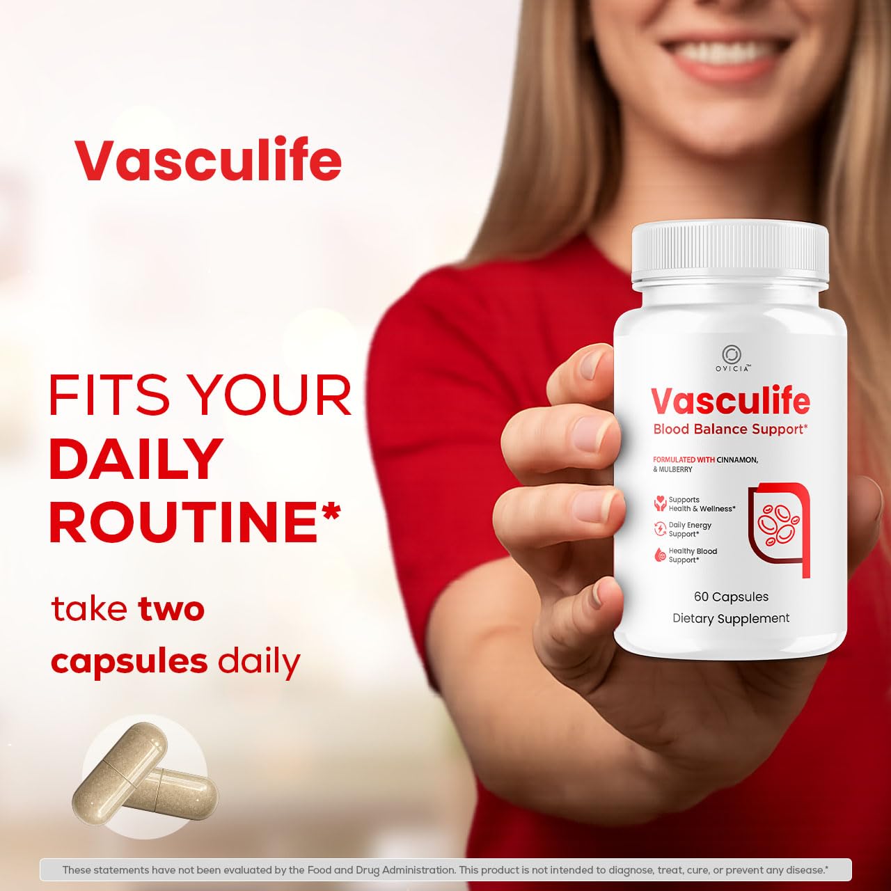 OVICIA Vasculife comparación de tamaño junto a una mano para referencia
